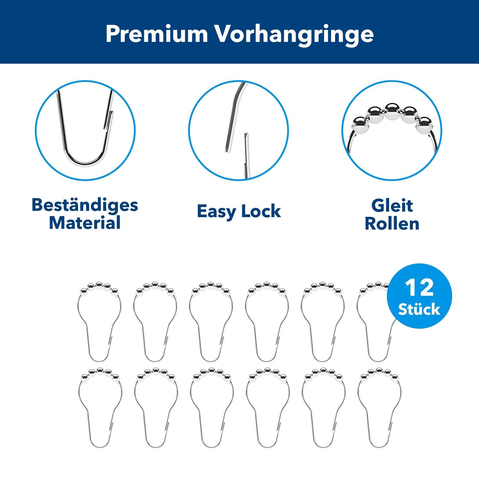 Duschvorhangstange stufenlos verstellbar, Inkl. 12 Duschringe, Karat, ausziehbar, geklemmt