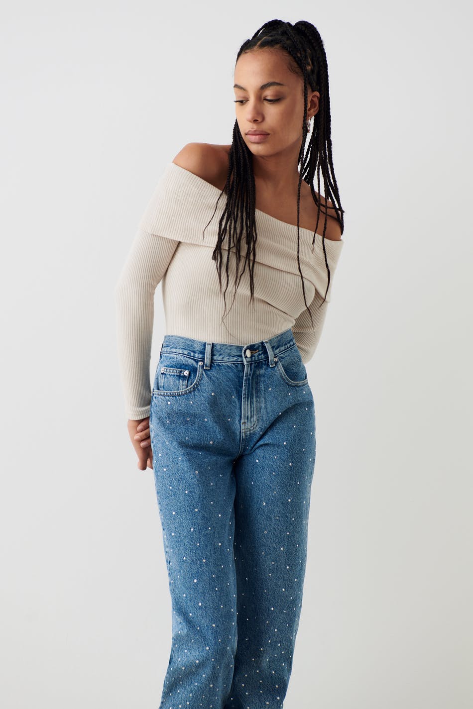 Off shoulder rib top