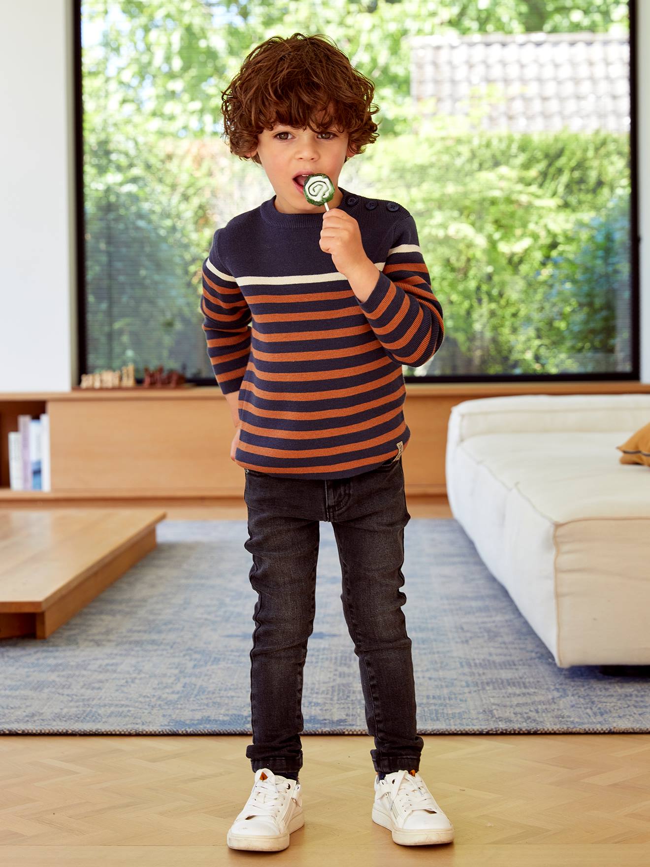 Pull marin garçon ivoire rayé rouge et marine