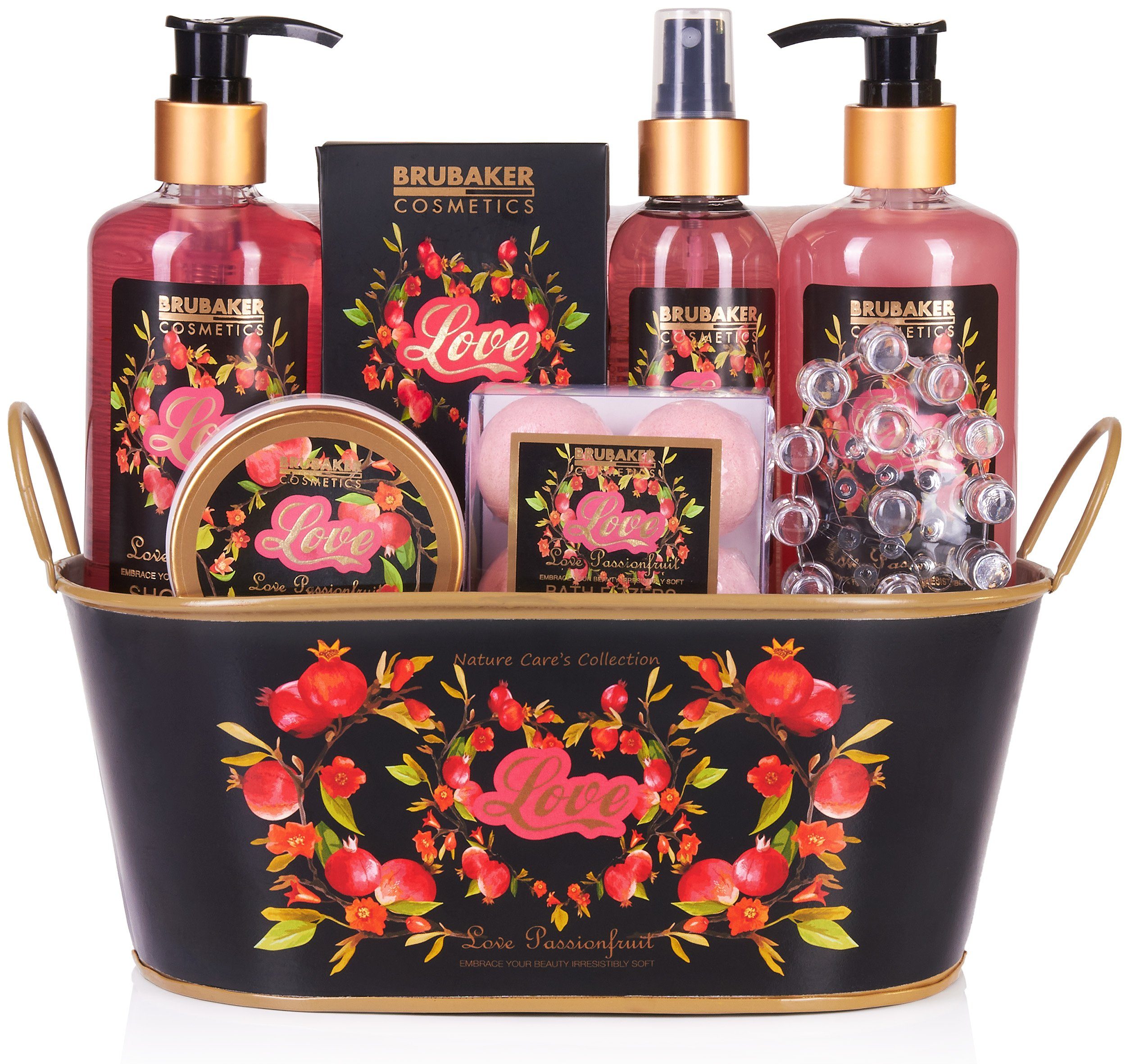 BRUBAKER Körperpflege-Set Bade- und Dusch Set, 12-tlg., Geschenkset in Deko Wanne, Passionsfrucht Duft