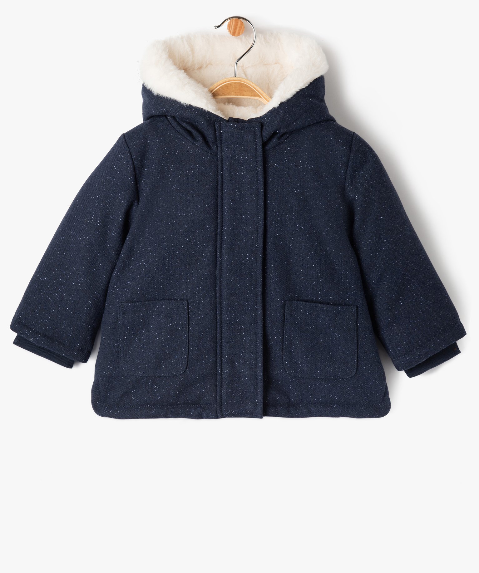 Manteau à capuche doublé peluche avec écharpe bébé fille bleu fonce | GEMO
