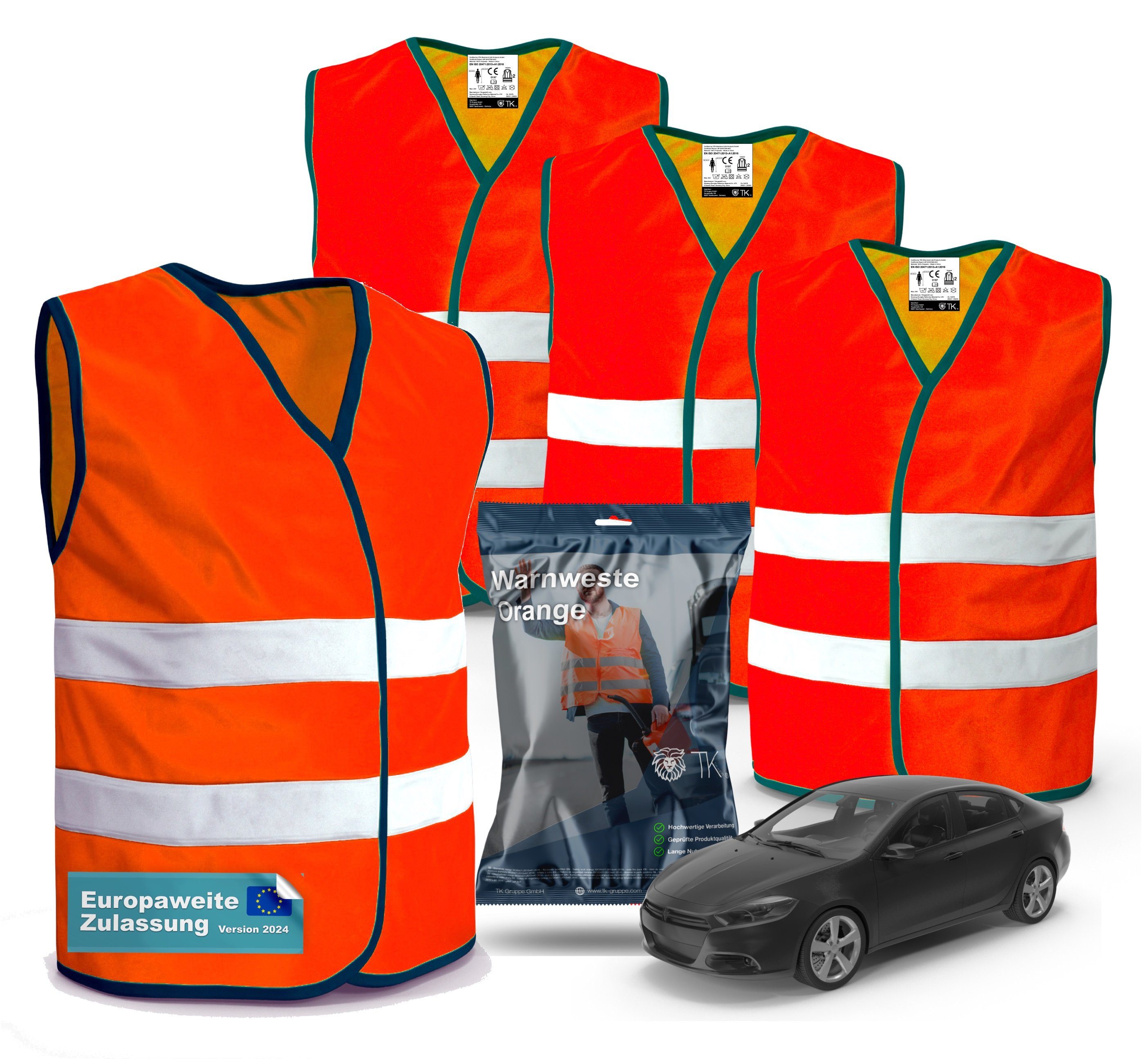 TK Gruppe Warnweste 4X Warnwesten Orange - Pannenweste 2024 Unfallweste ISO20471