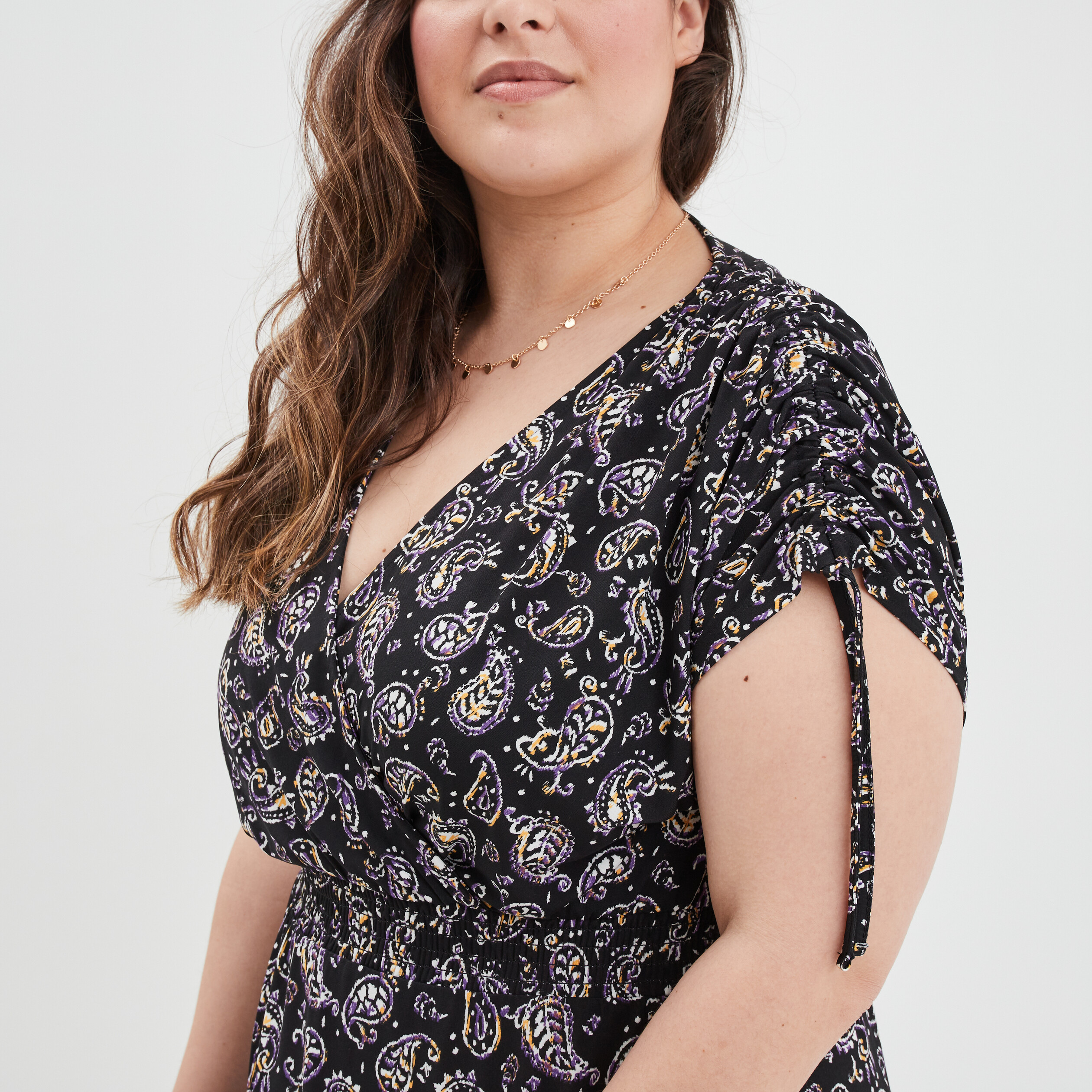 Robe longue smockée col cache-coeur noir femme grande taille | La Halle