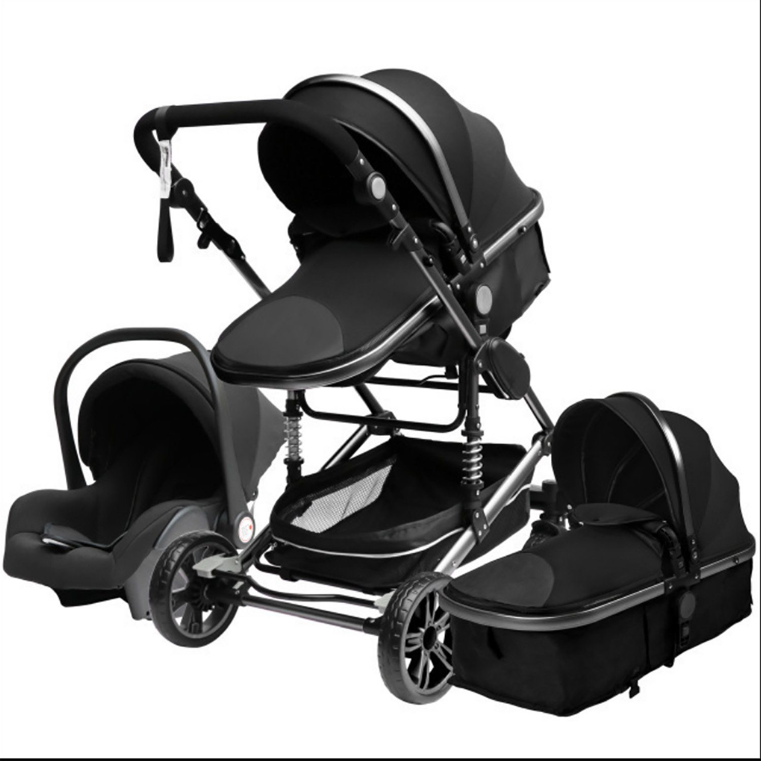 TPFLiving Kombi-Kinderwagen Babyschale Baby Buggy Babywanne 5-Punkt-Sicherheitsgurt Moskitonetz, Getränkehalter Kinderwagen 3 in 1 inkl. großem Zubehörset Schwarz