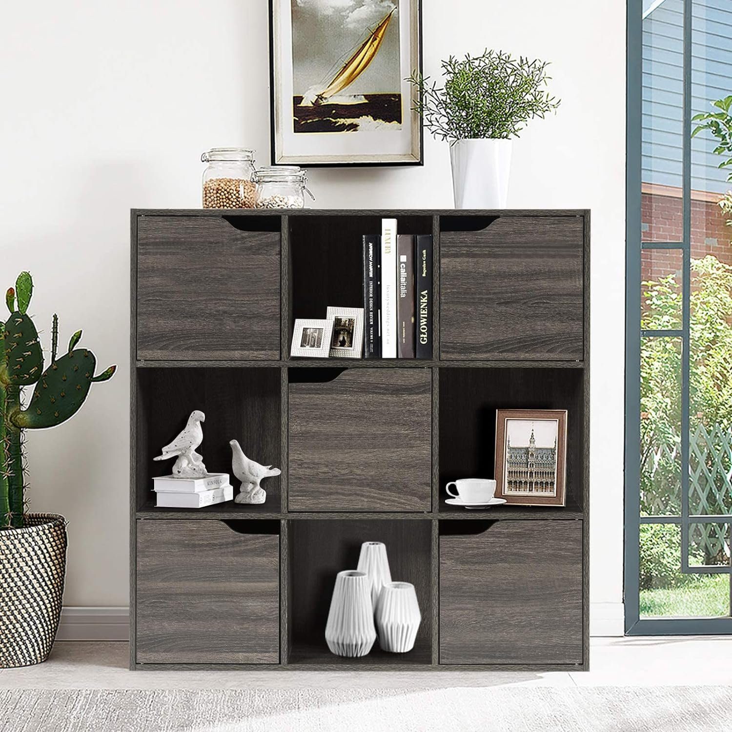 KOMFOTTEU Bücherregal Würfelregal mit 9 Fächern & 5 Türen, 90x29x90cm, grau