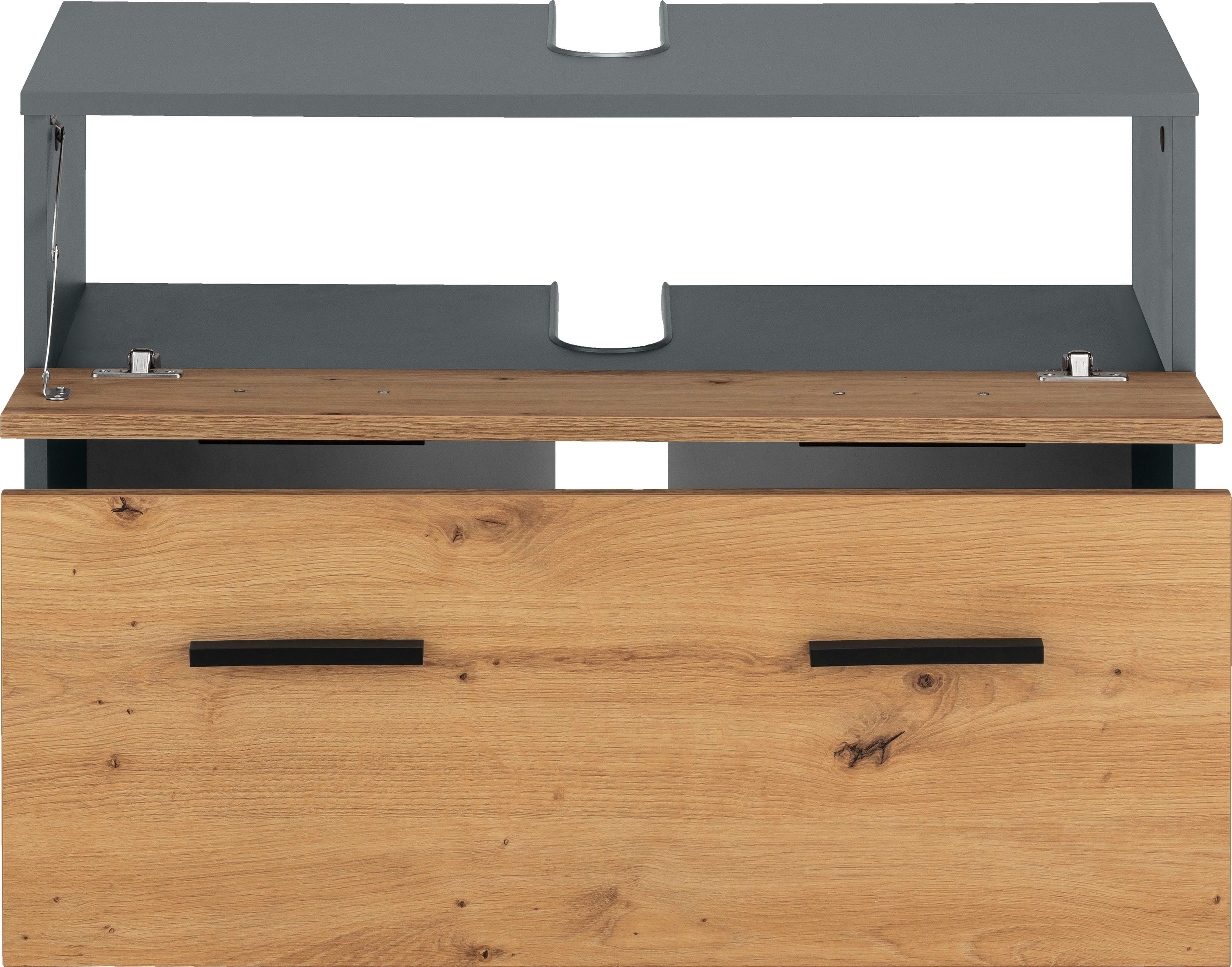 INOSIGN Waschbeckenunterschrank Skara mit Klappe und Schubkasten, schwarze Griffe, Breite 80 cm, Höhe 55 cm