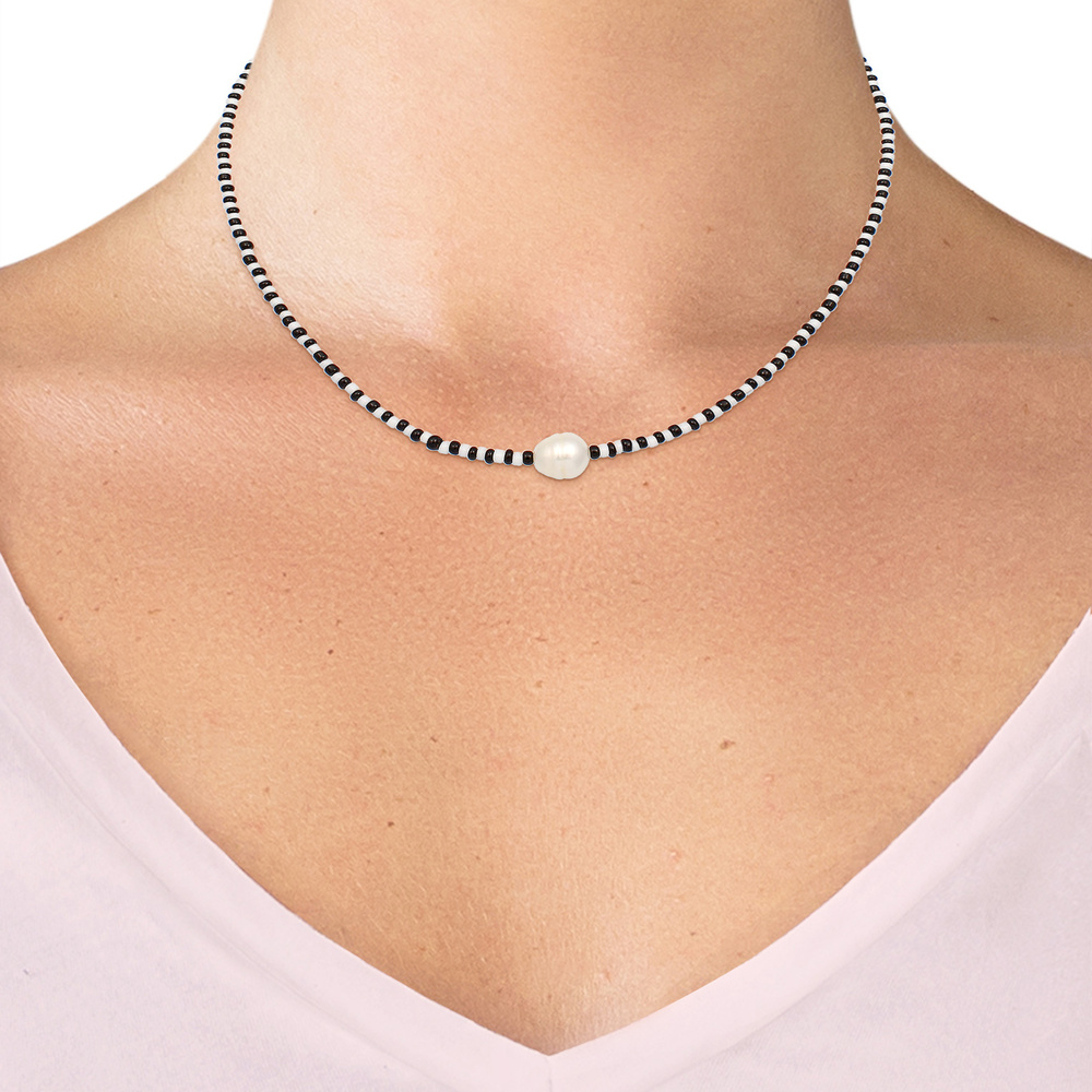 Elli Elli Collier Base Boules de Verre Noir Blanc Perles d'eau Douce Collier Femme  (9 collier