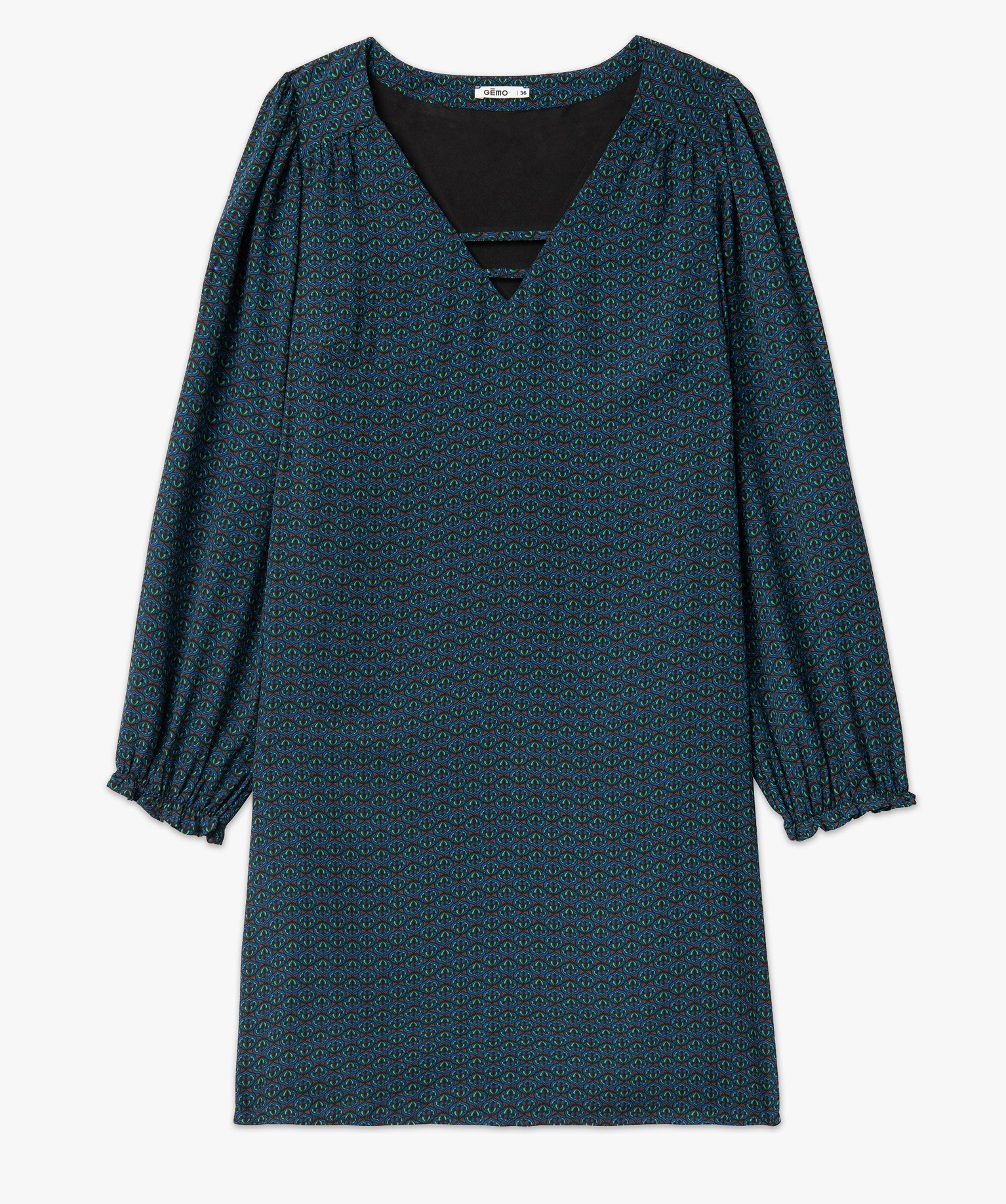 Robe droite imprimée à manches longues et col V fantaisie ... imprime | GEMO
