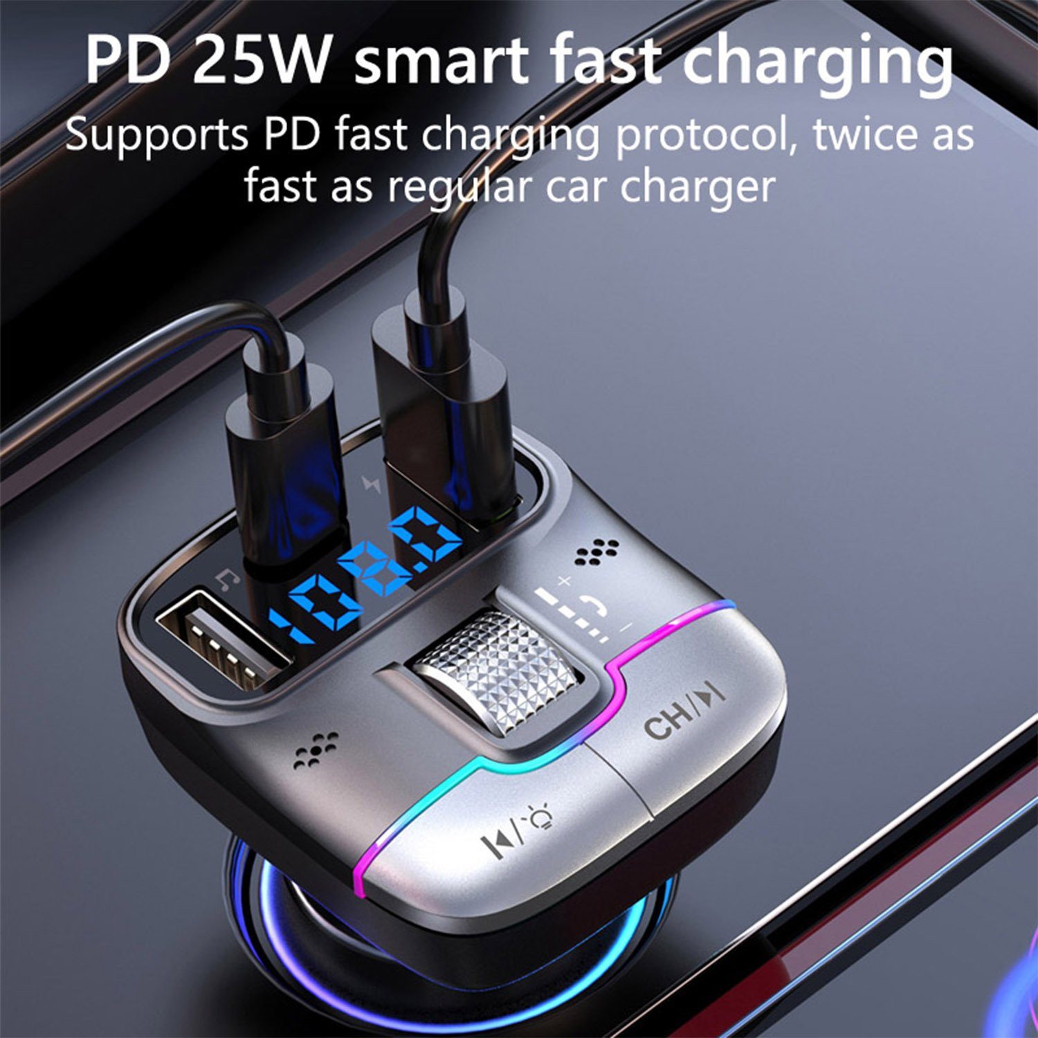 Mutoy Bluetooth 5.3 FM Transmitter für Auto,MP3-Player KFZ-Transmitter 2 Mikrofone, Typ C PD 25W Dual USB Schnell ladegerät Auto, Stärkeres Dual Mic & Bass-Boost