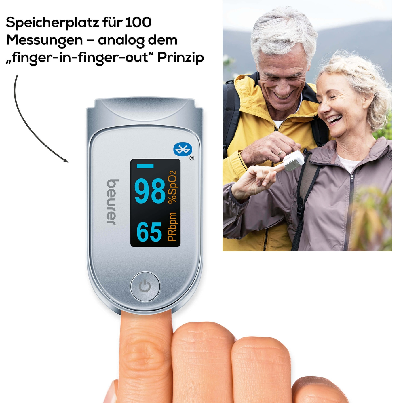 Beurer Pulsoximeter PO 60 <i>Bluetooth</i>®-Pulsoximeter zur Messung der Sauerstoffsättigung & Herzfrequenz mit App-Anbindung