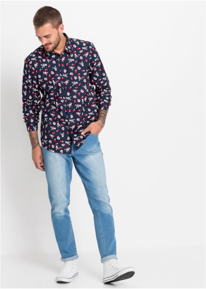 Langarmhemd mit Weihnachts-Druck, Slim Fit