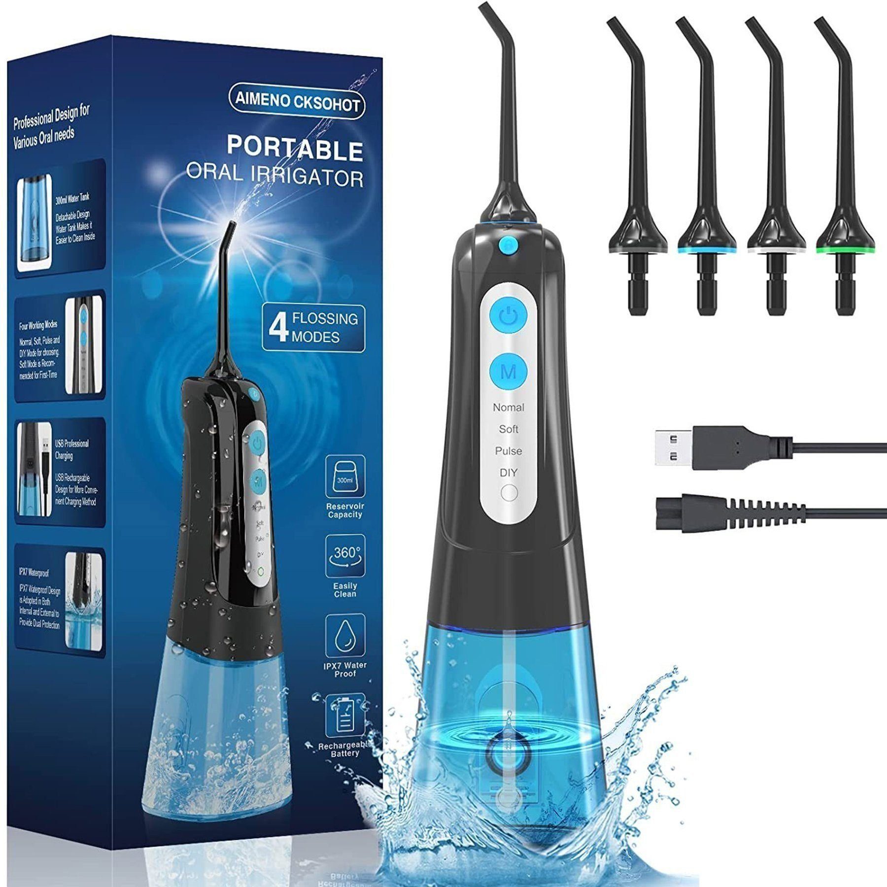 Yaviel Munddusche Elektrisch Flosser Waterfloss Mundpflegecenter Oral Zähne Irrigator, Kabellos 300ml Airfloss 4 Jet Nozzle 4 Intensitätsstufen Zahnspülung