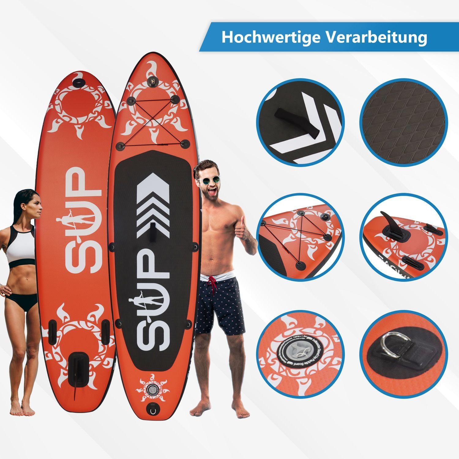 24Move SUP-Board Supboard Set, Premium Stand Up Paddleboard aufblasbar, inkl. Zubehör, Longboard, (Board, Rucksack,Aluminium Paddle,Action Cam Halterung,Sicherungsleine, 6 tlg., für Kinder & Erwachsene, ROT, 366x80, bis 200 kg), mit Drop Stich Techno