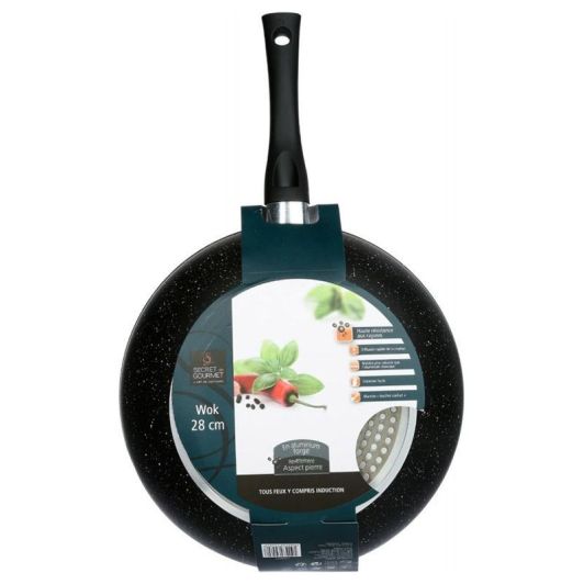 Wok 28cm aluminiu forjat cu efect de piatră, pe toate plitele, inclusiv cu inducție