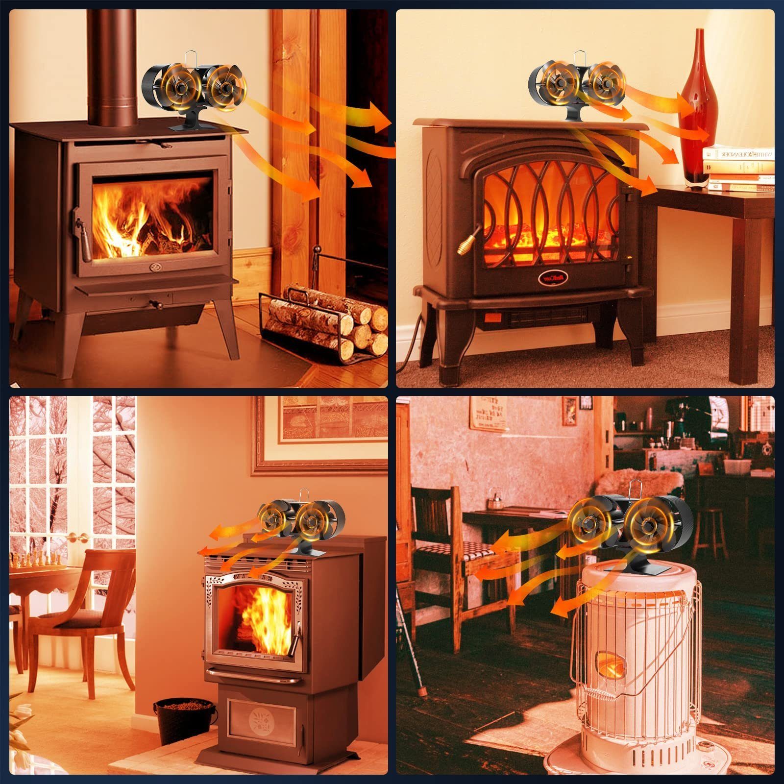 AKKEE Kaminventilator 8 Blättern Kaminbesteck Lüfter Leiser Kamin Ventilator Ofenventilator, Ohne Strom, Kaminlüfter für Holz/Brennholz/Feuerstelle/Ofenrohr