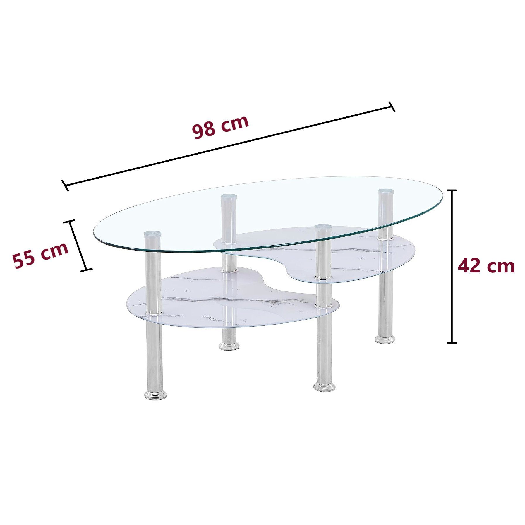 HOOZ Couchtisch 98x55cm Klar Glas mit Ablagen in Marmorweiß (Packung, 1-St., 1 Tisch), mit Ablagefächern