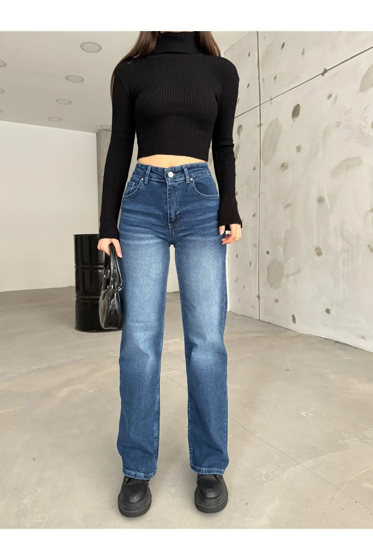 BİKELİFE  Damen-Palazzo-Jeans aus Lycra mit hoher Taille und weitem Bein in Blau mit hellem Effekt und weitem Bein in Segelblau