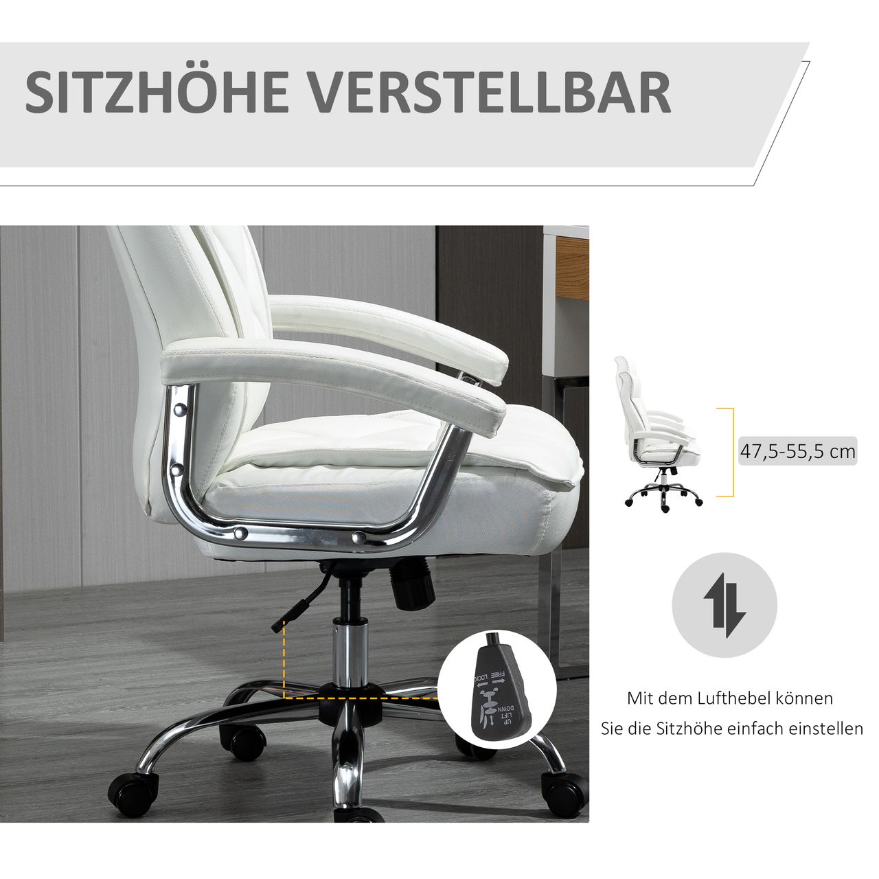 HOMCOM Chefsessel Bürostuhl Schreibtischstuhl Drehstuhl ergonomisch mit Wippenfunktion höhenverstellbar Rautenmuster modern elegant luxuriös PU-Leder Metall Schaumstoff Weiß 66x69x121 cm