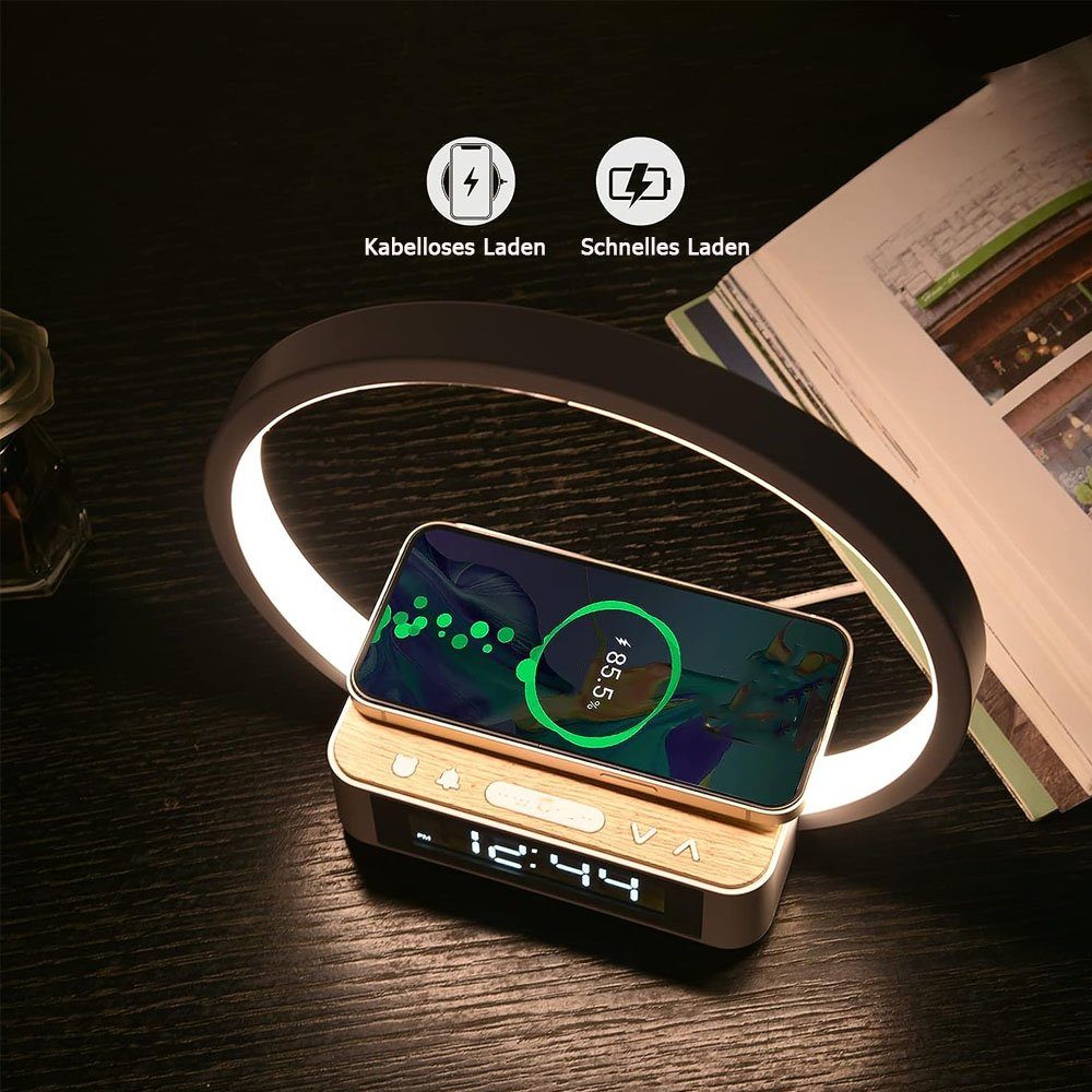 Sarfly Glockenwecker Tischlampe Wake Up Licht Wecker LED Nachttischlampe Touch Control Dimmbar,5W Wireless Charger Tischleuchte