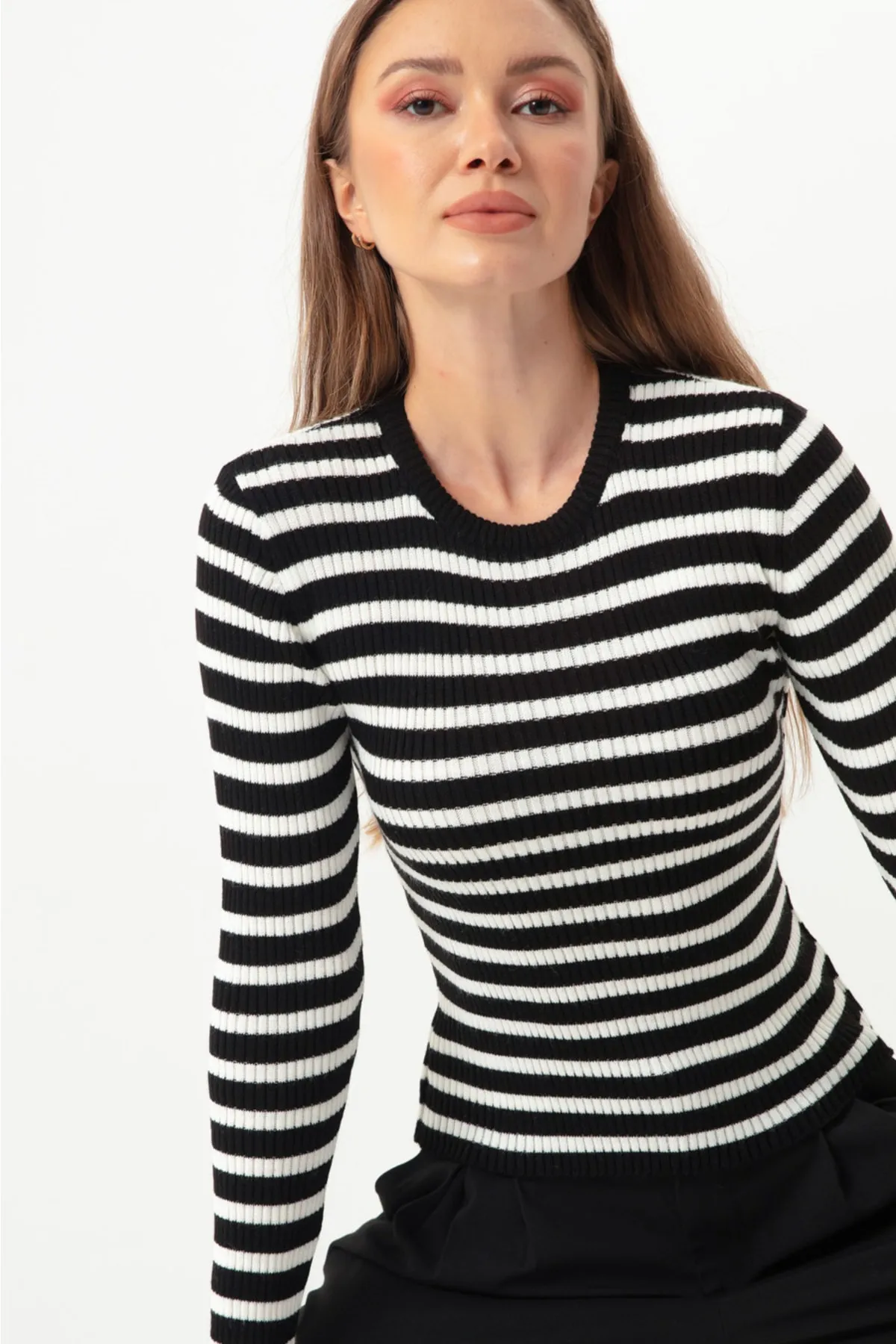Lafaba  Schwarz gestreifter, gerippter Lycra-Strickpullover für Damen