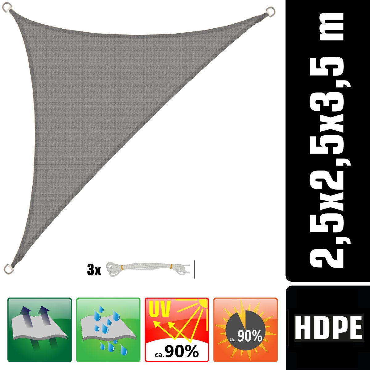 AMANKA 2,5 x 2,5 x 3,5 atmungsaktives UV Sonnensegel