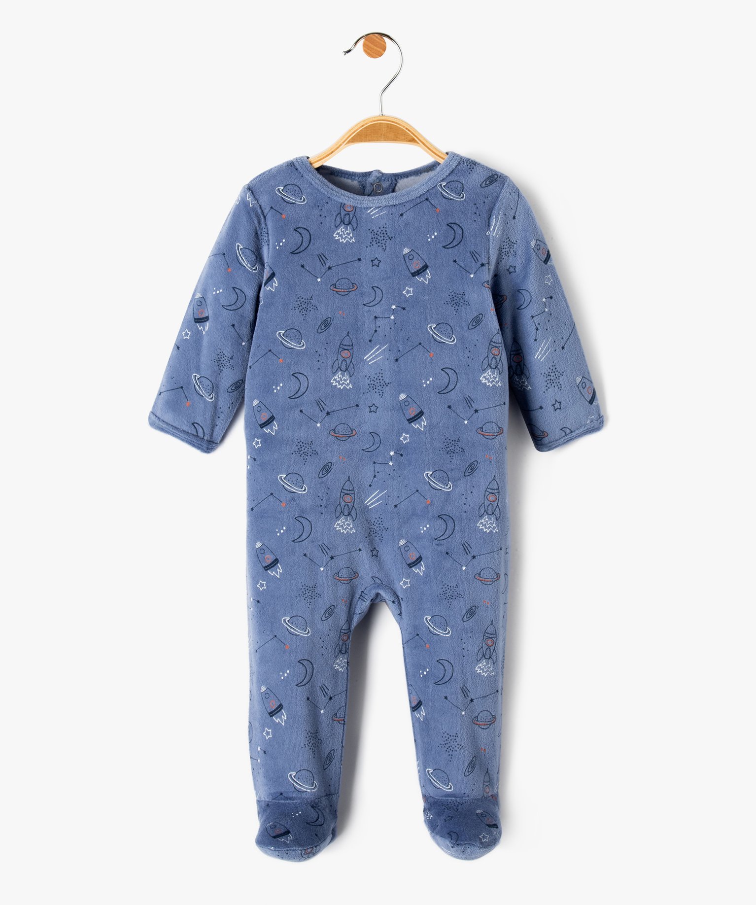 Pyjama bébé à pont-dos en velours à motifs espace bleu | GEMO