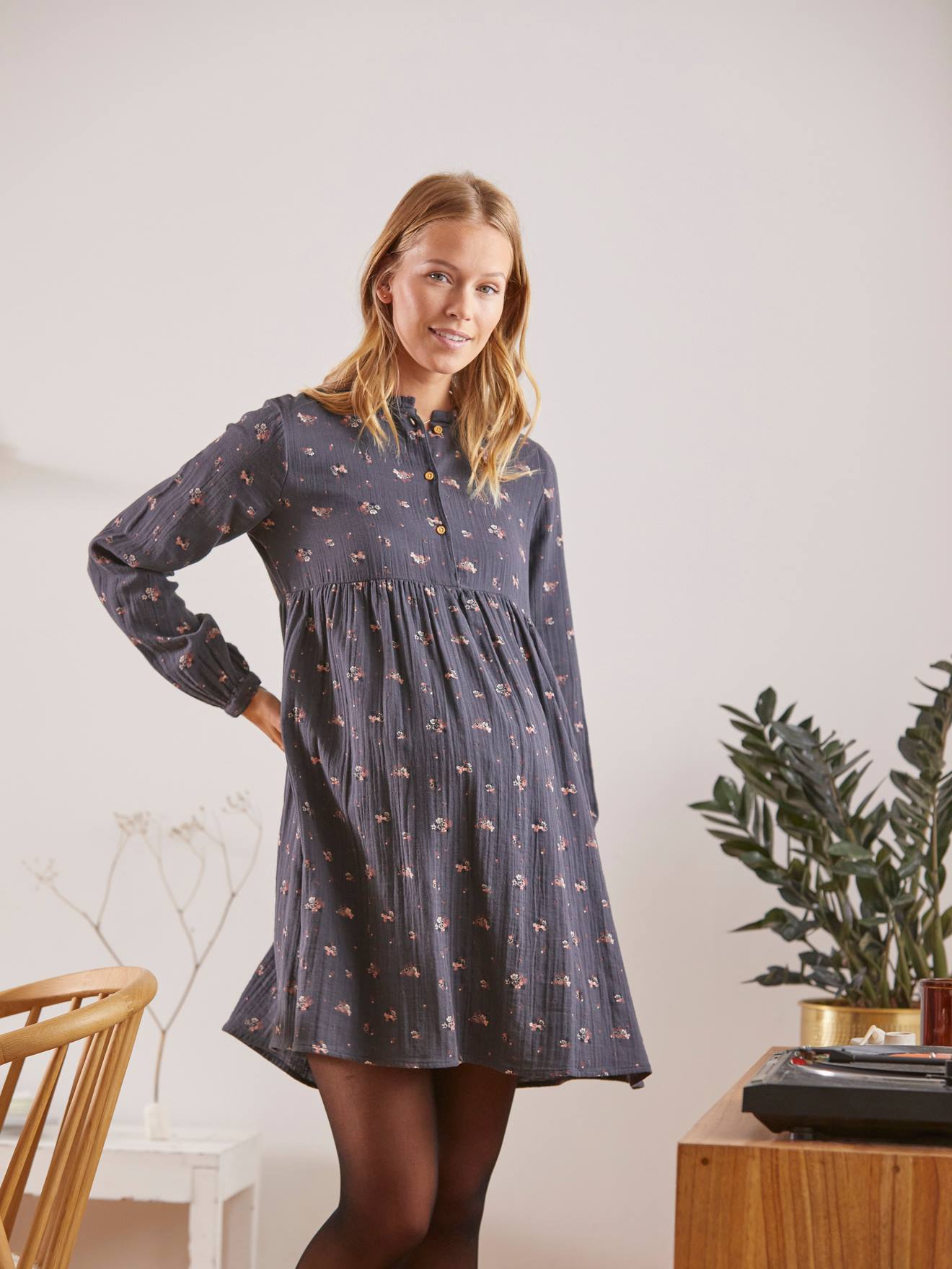 Vertbaudet Bedrucktes Kleid für Schwangerschaft & Stillzeit, Musselin - schwarz punkte