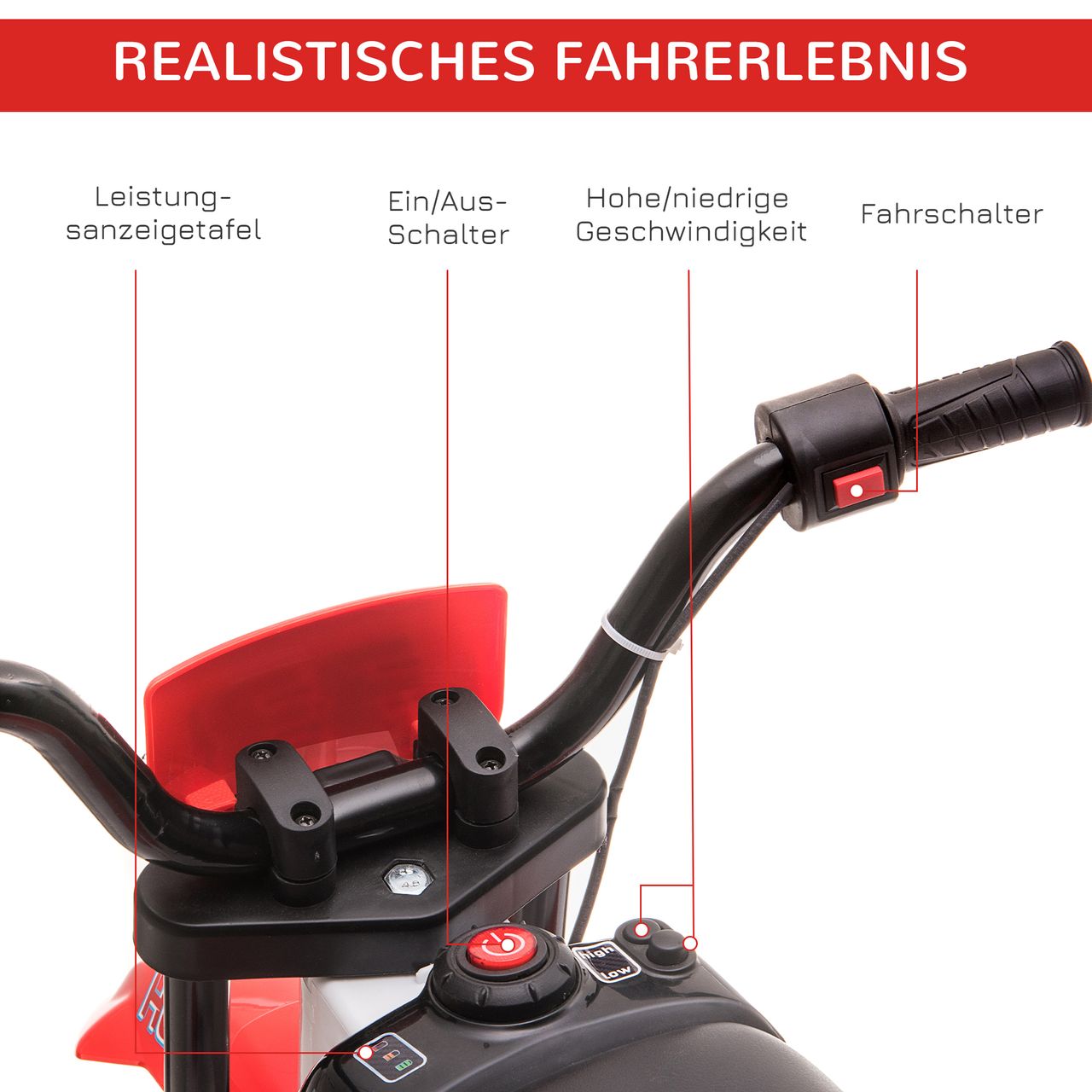 HOMCOM Elektromotorrad Kindermotorrad Kinderfahrzeug Elektrofahrzeug mit 2 abnehmbaren Stützrädern für Kinder ab 3 Jahren PP Metall Rot Weiß 106,5 x 51,5 x 68 cm