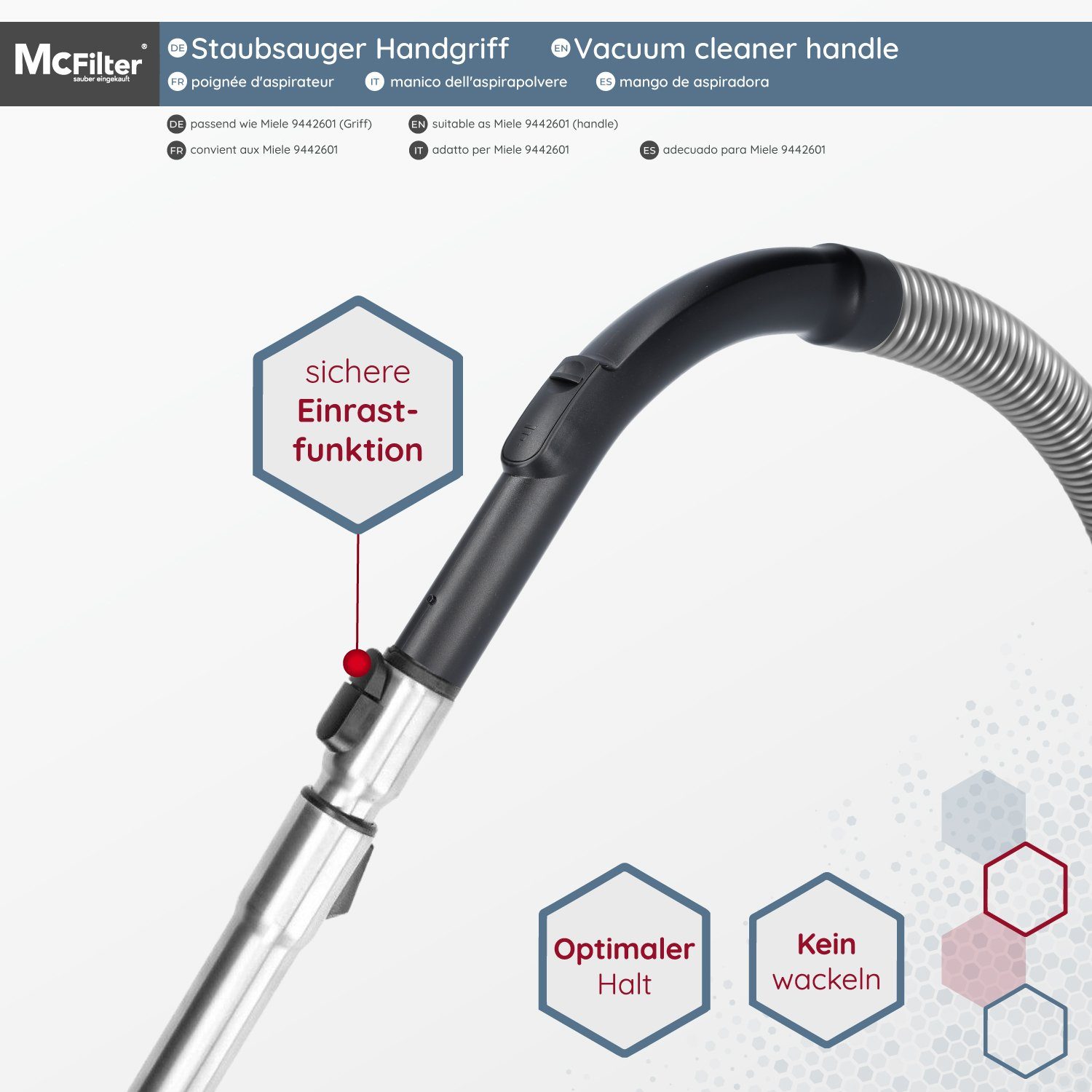 McFilter Staubsaugerrohr Handgriff, Ø 35mm, passend für Miele 9442601 9442600 5269091, ergonomisch geformt, mit Einrast-Funktion & Saugluftregulierung