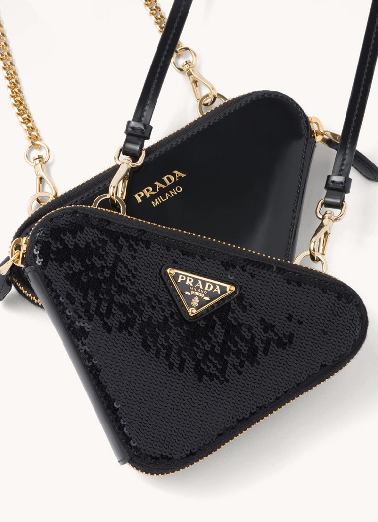 Prada Triangular mini crossbody bag with leather details and sequins
