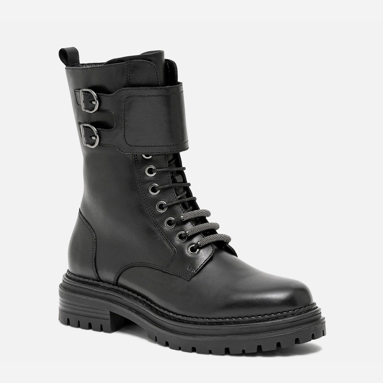 Bottine TEXTO noire en cuir avec bride et perles