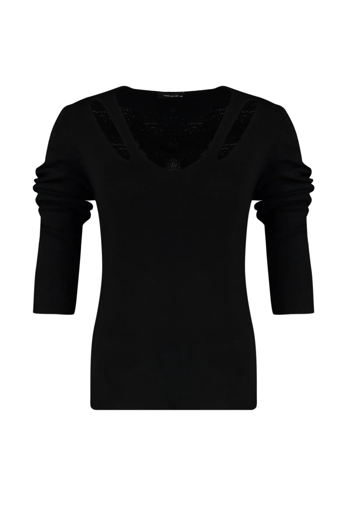 Trendyol Curve  Schwarze Strickbluse mit schmalem Ausschnitt und detailliertem V-Ausschnitt TBBAW23AF00026