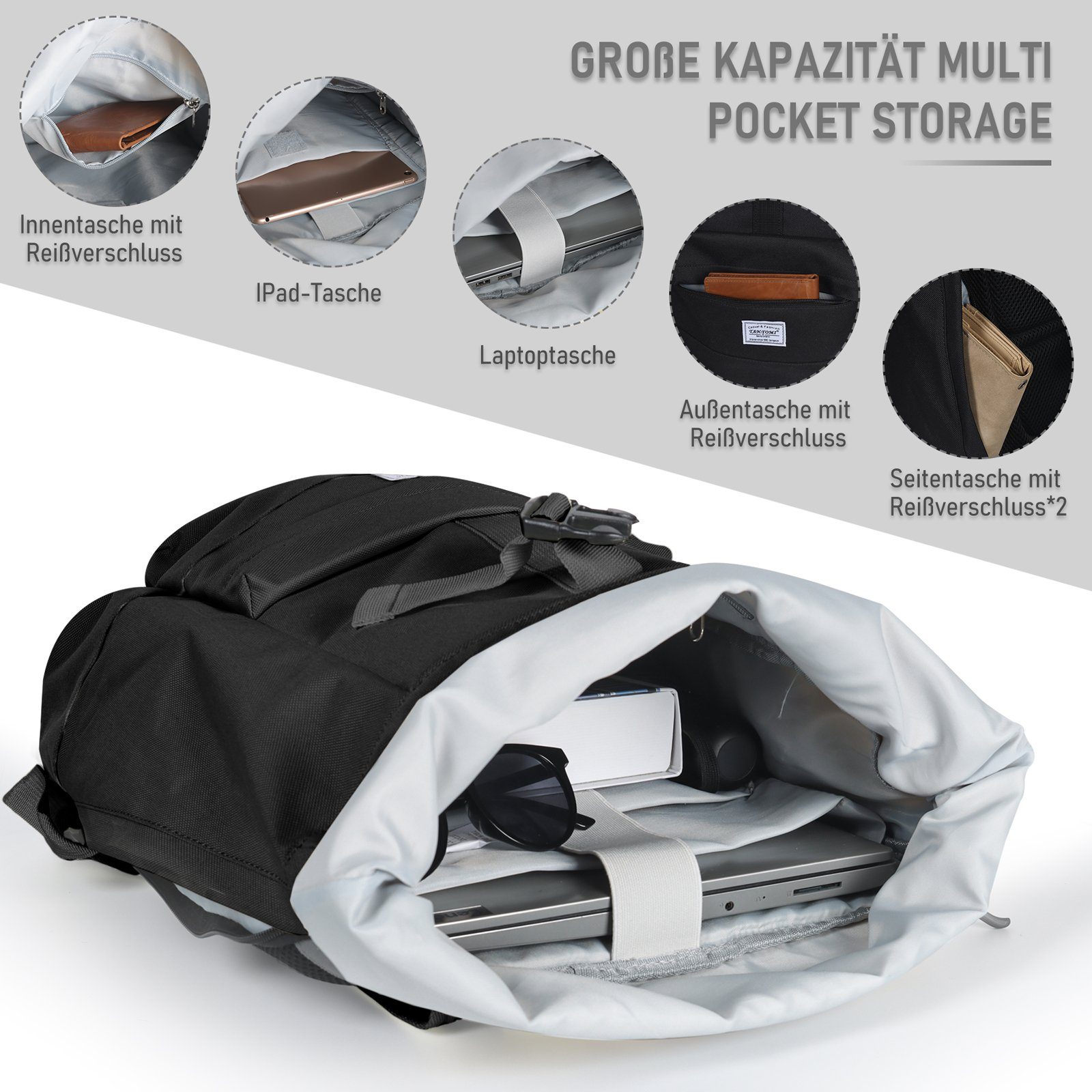 TAN.TOMI Freizeitrucksack Arbeitsrucksack Groß Damen lässiger Rolltop Rucksack Herren Backpack, mit Laptopfach bis 15,6 zoll, Modern Rolltop Daypack