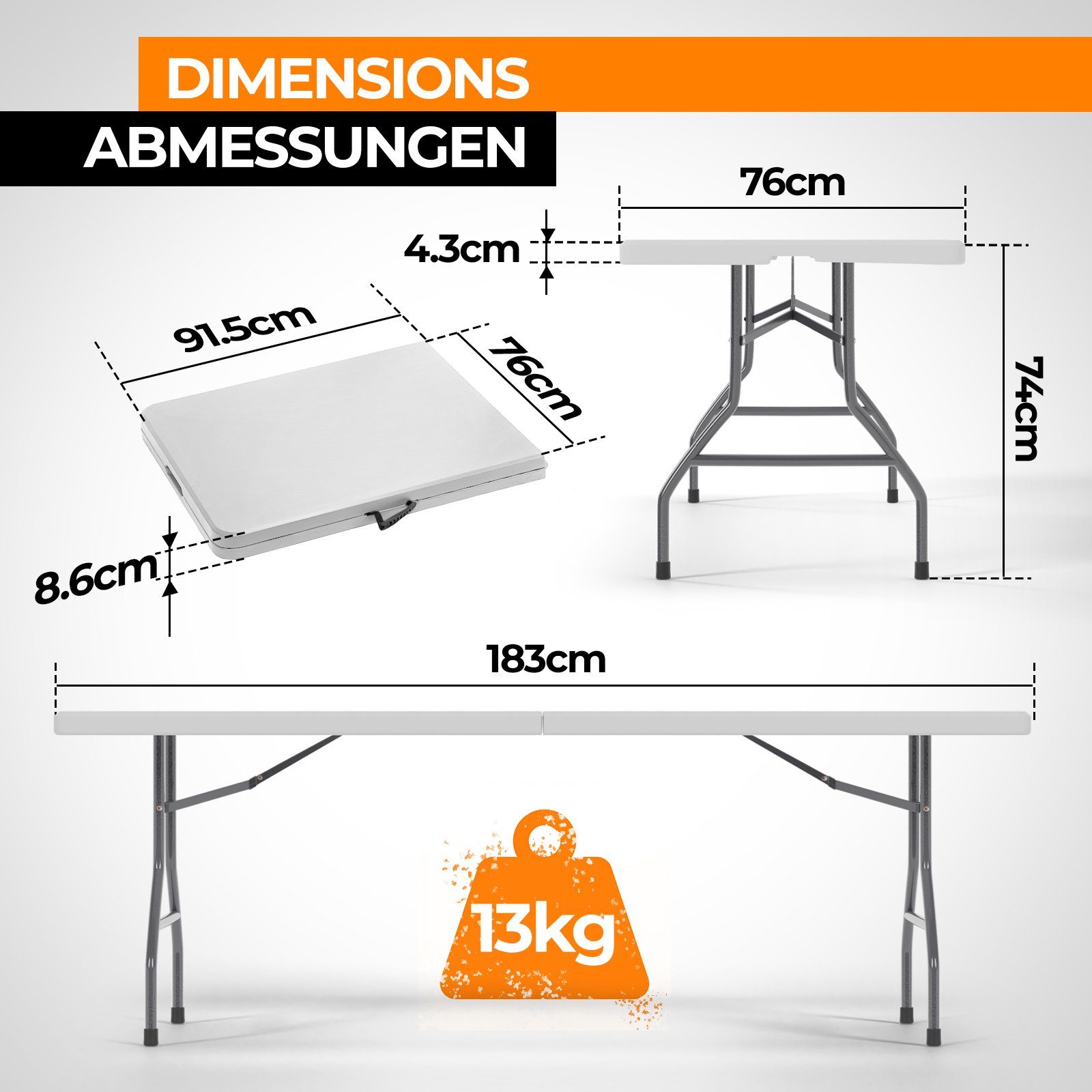 Jago Klapptisch Klapptisch - 183cm lang, für 8 Personen, Klappbar, Tragbar, bis 150kg
