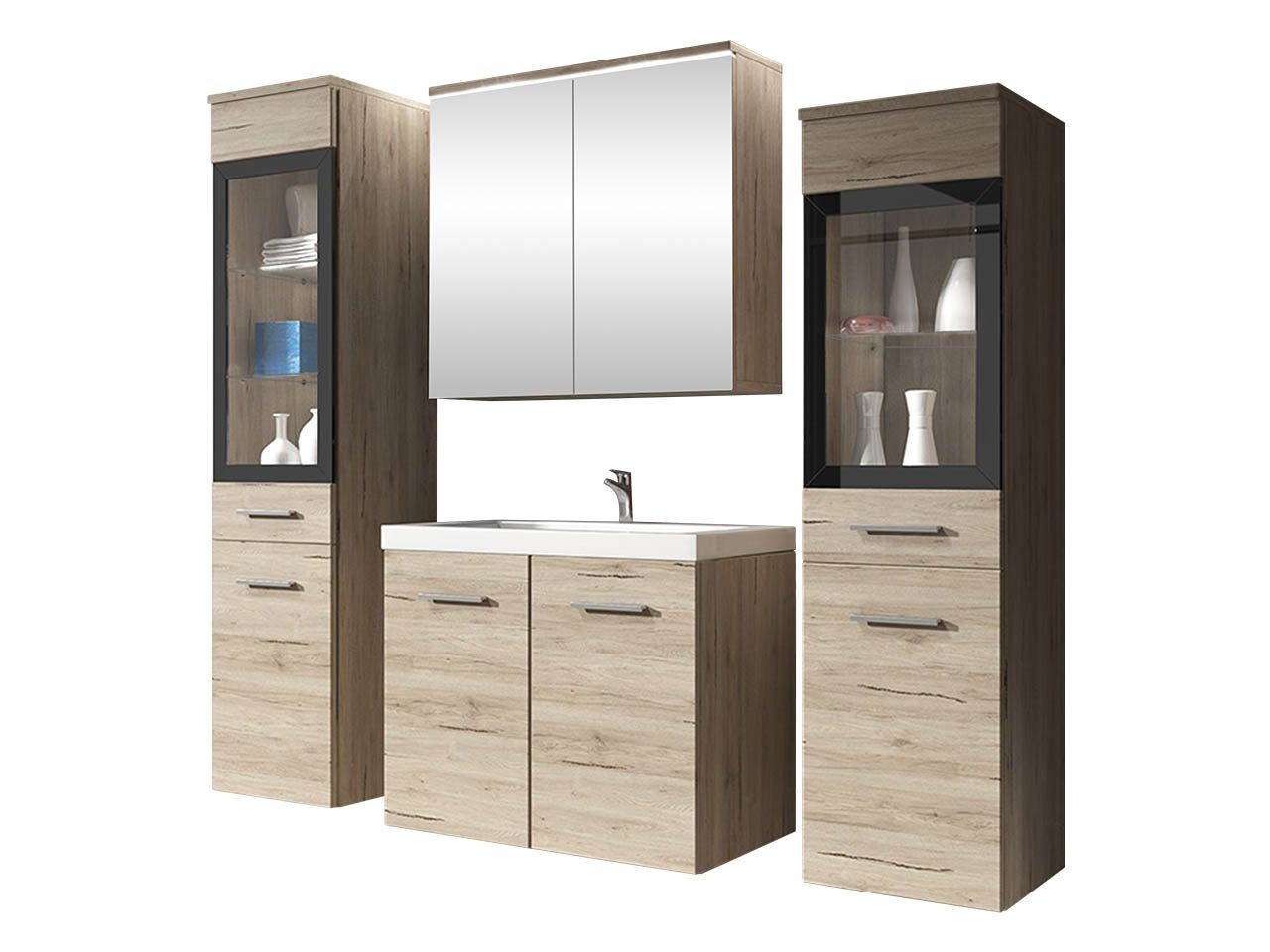 Mirjan24 Badmöbel-Set Madrit II, (5er-Set, Waschbeckenschrank, 2x Hochschrank, Spiegelschrank, Waschbecken), Modernes Badezimmer, Komplett