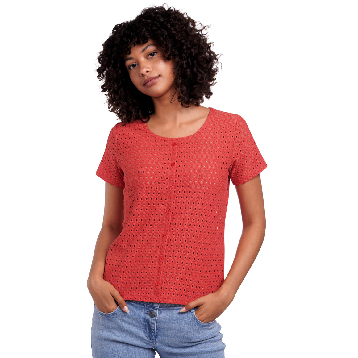 Damen T-Shirt mit Lochstickerei