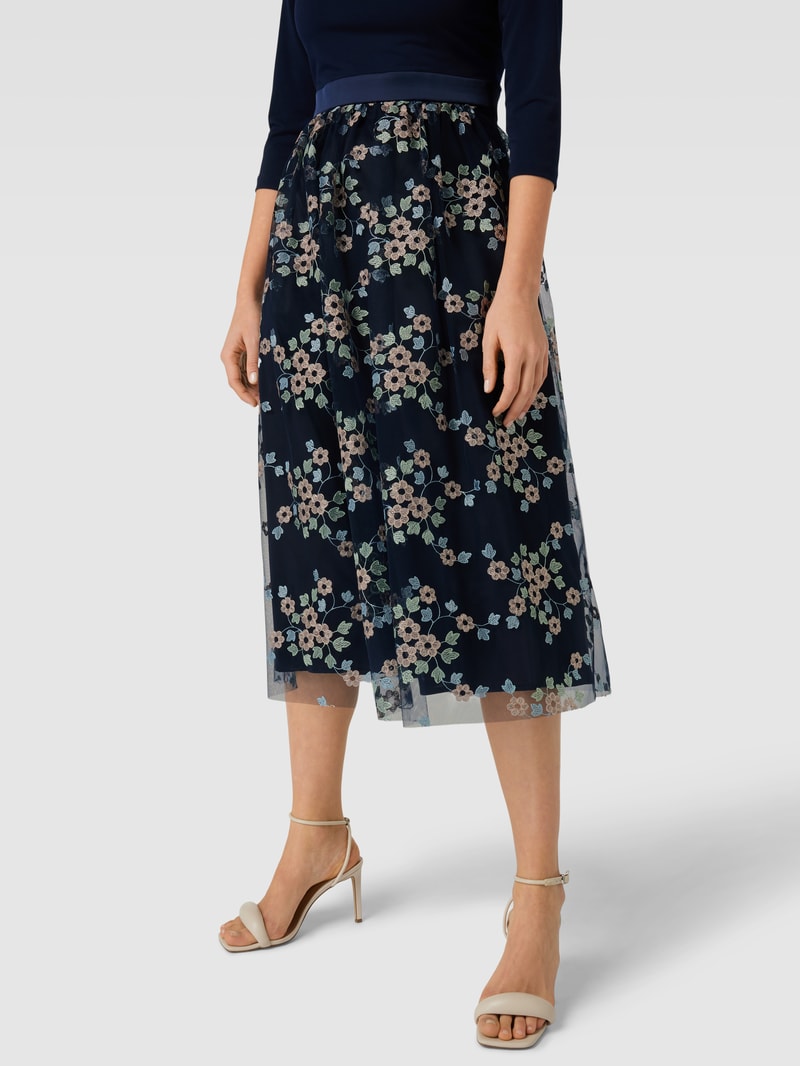 Cocktailkleid mit floralen Stickereien in marineblau meliert