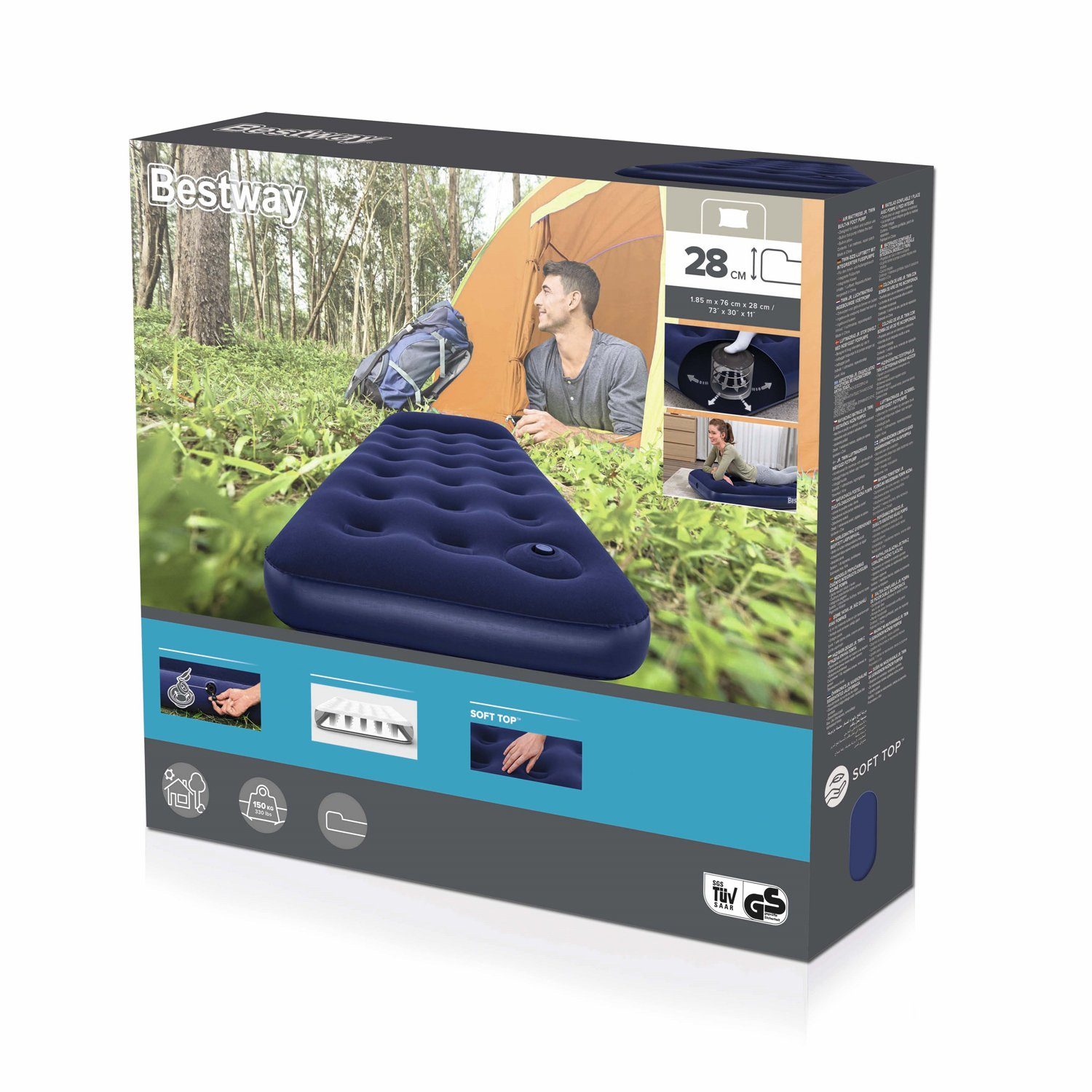 BESTWAY Luftbett Single 1 Person mit integrierter Fußpumpe 185 x 76 x 28 cm