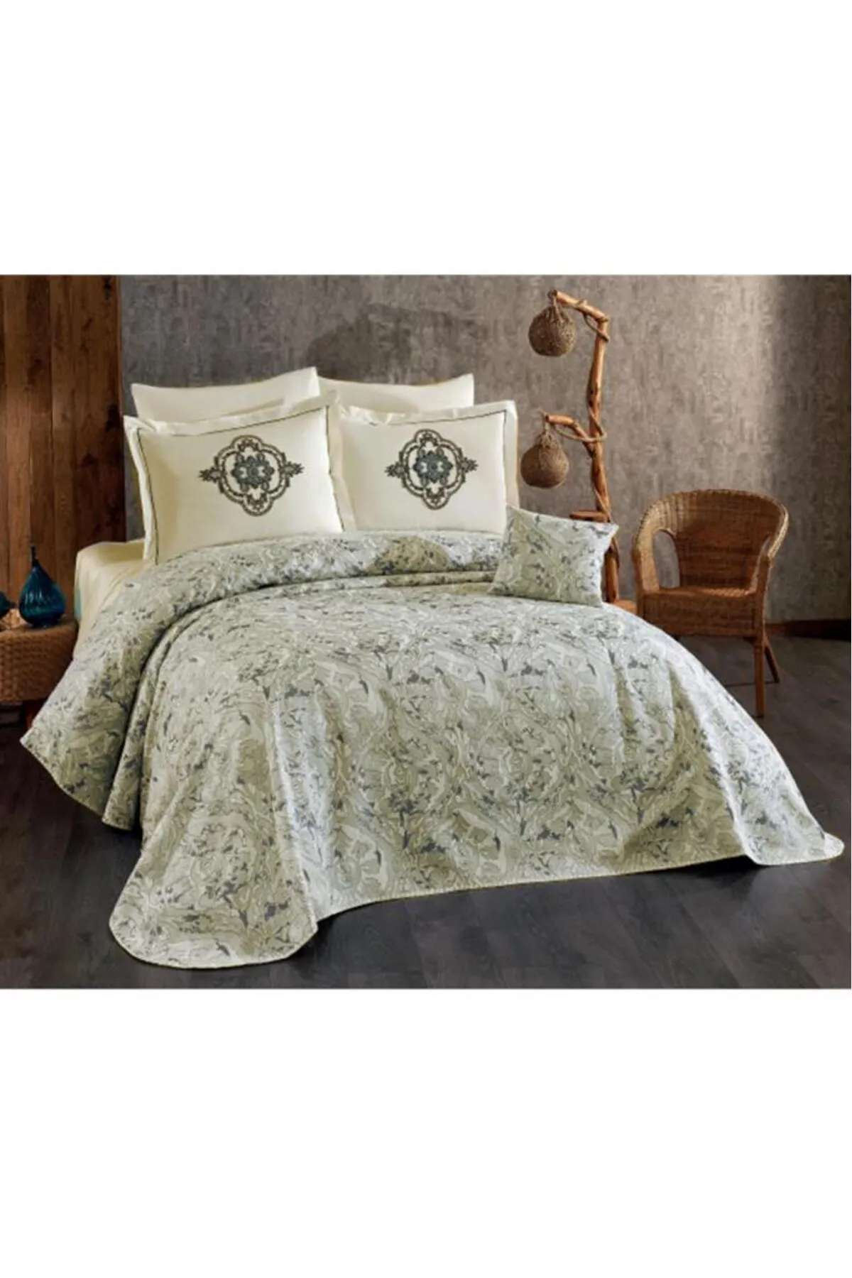 Çeyiz Diyarı  Elite 7-teiliges Chenille-Pique-Set, Creme – Grau