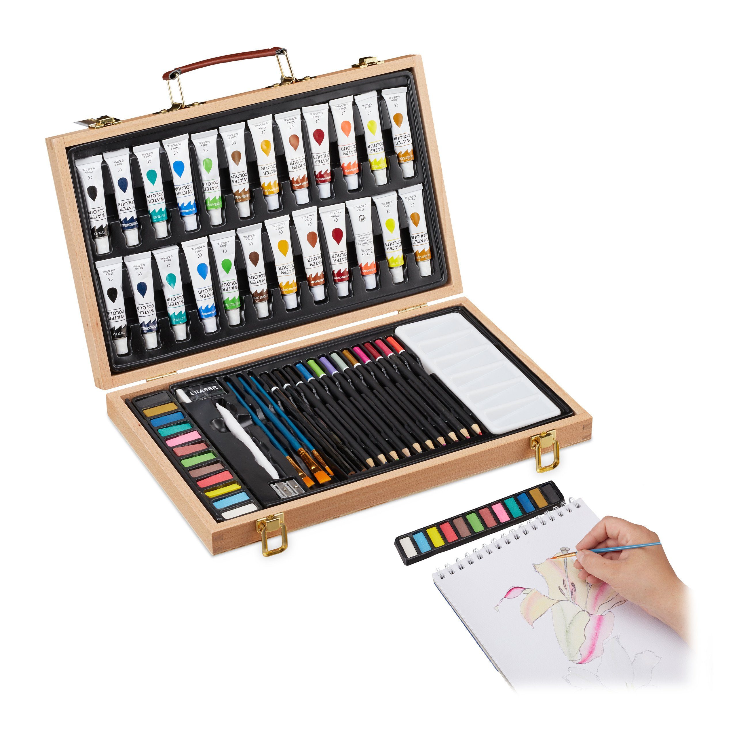 relaxdays Malpalette Malkoffer Holz 56-teilig, Aquarell