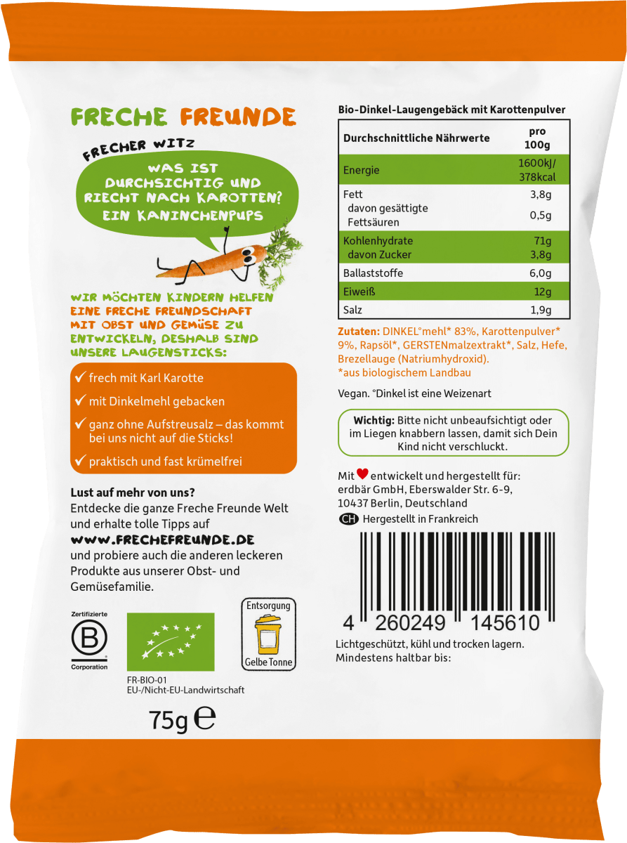 Kindersnack Laugensticks Karotte, 75 g