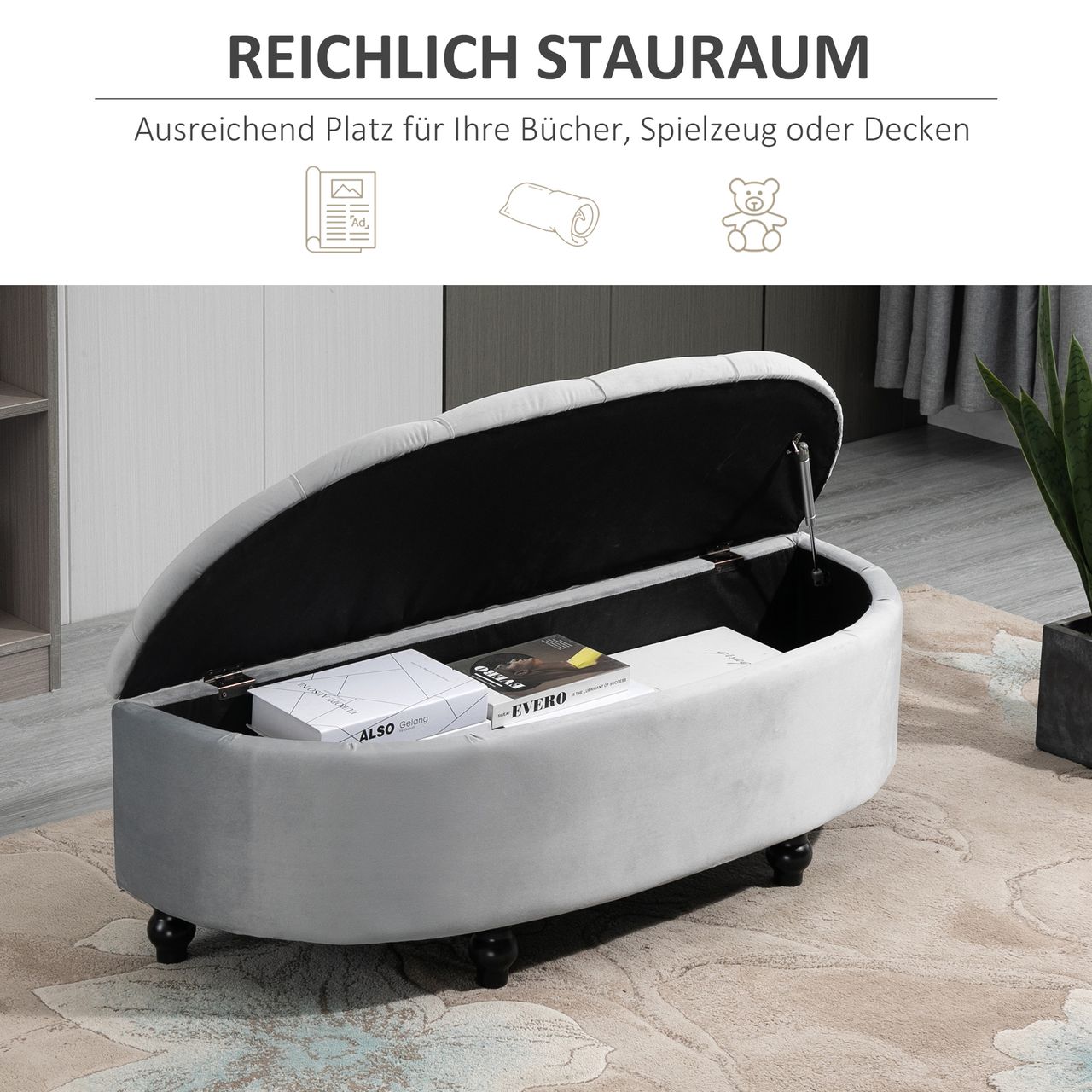 HOMCOM Sitzbank Sitzhocker Sitztruhe Aufbewahrungsbox Fußbank mit Stauraum geöffnetem Deckel für Schlafzimmer Velvet-Touch Gummiholz Grau 120 x 46 x 42 cm
