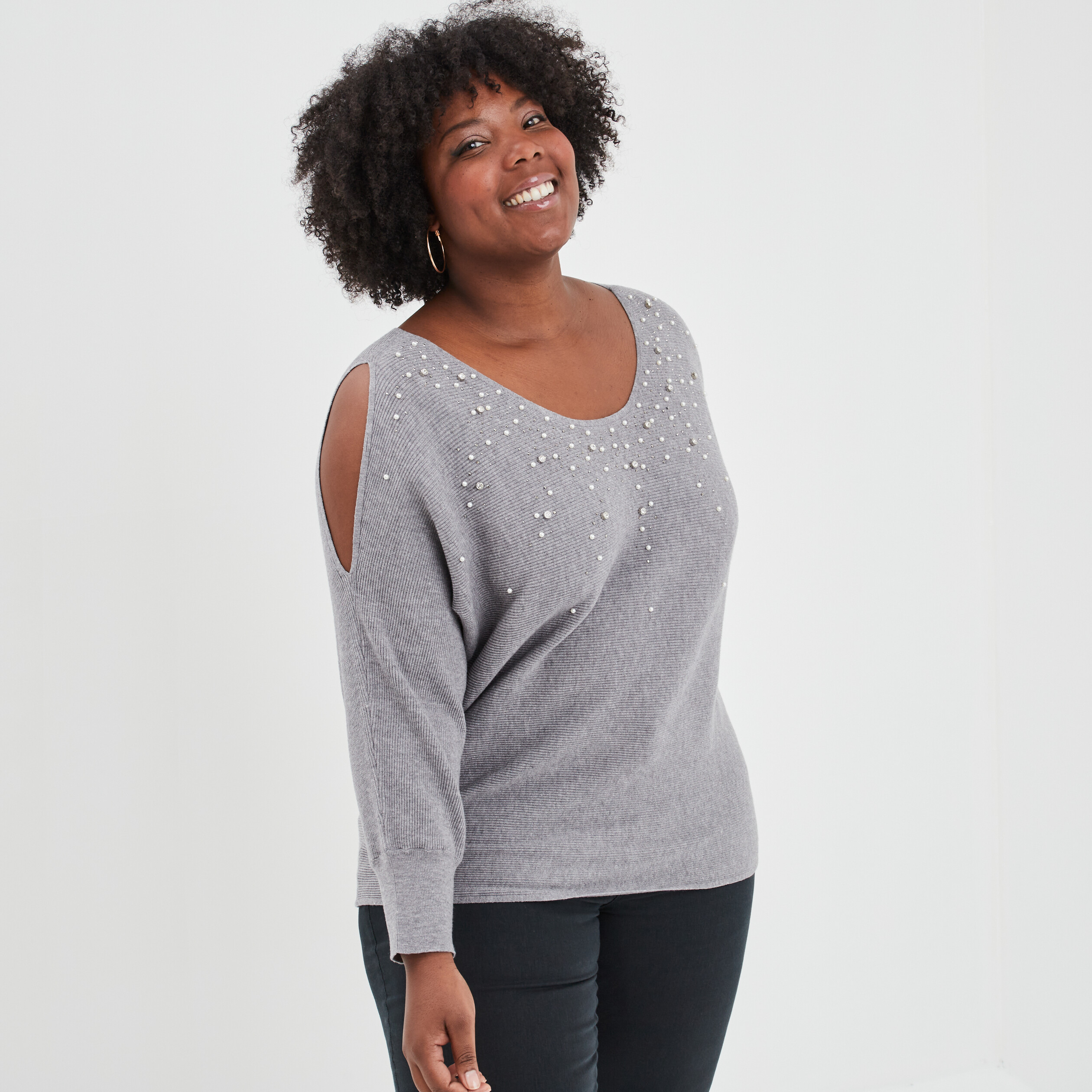 Pull perles strass manches avec fentes gris femme grande taille | La Halle