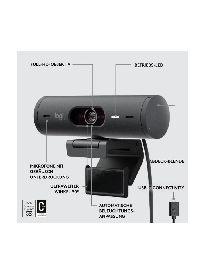 Logitech Full HD-Webcam Klemm-Halterung, Stereo-Mikrofon, Integrierte in Schwarz günstig kaufen onesize