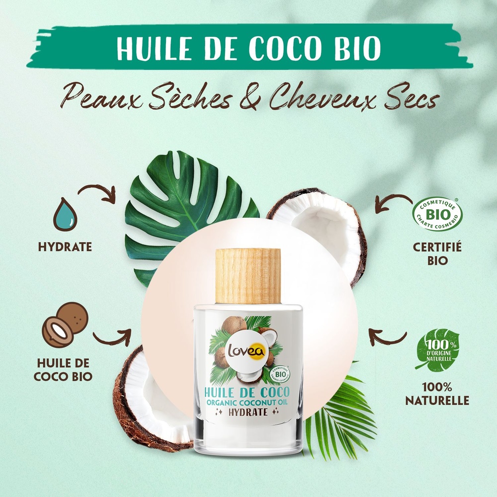 lovea Huile de Coco Bio Hydrate Certifiée BIO Huile de Coco - Peaux & Cheveux Secs