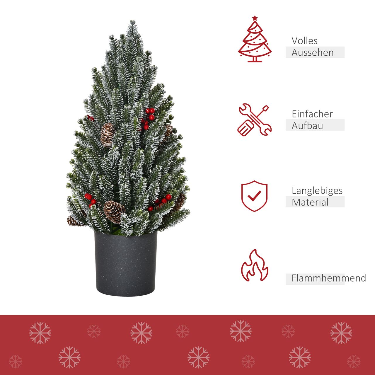 HOMCOM Künstlicher Weihnachtsbaum kleiner Tisch-Christbaum 170 Äste schneebedecktes Design einfacher Aufbau Christbaum mit Kunststoffsockel Beeren Tannenzapfen PE PVC Grün Ø27 x 47 cm