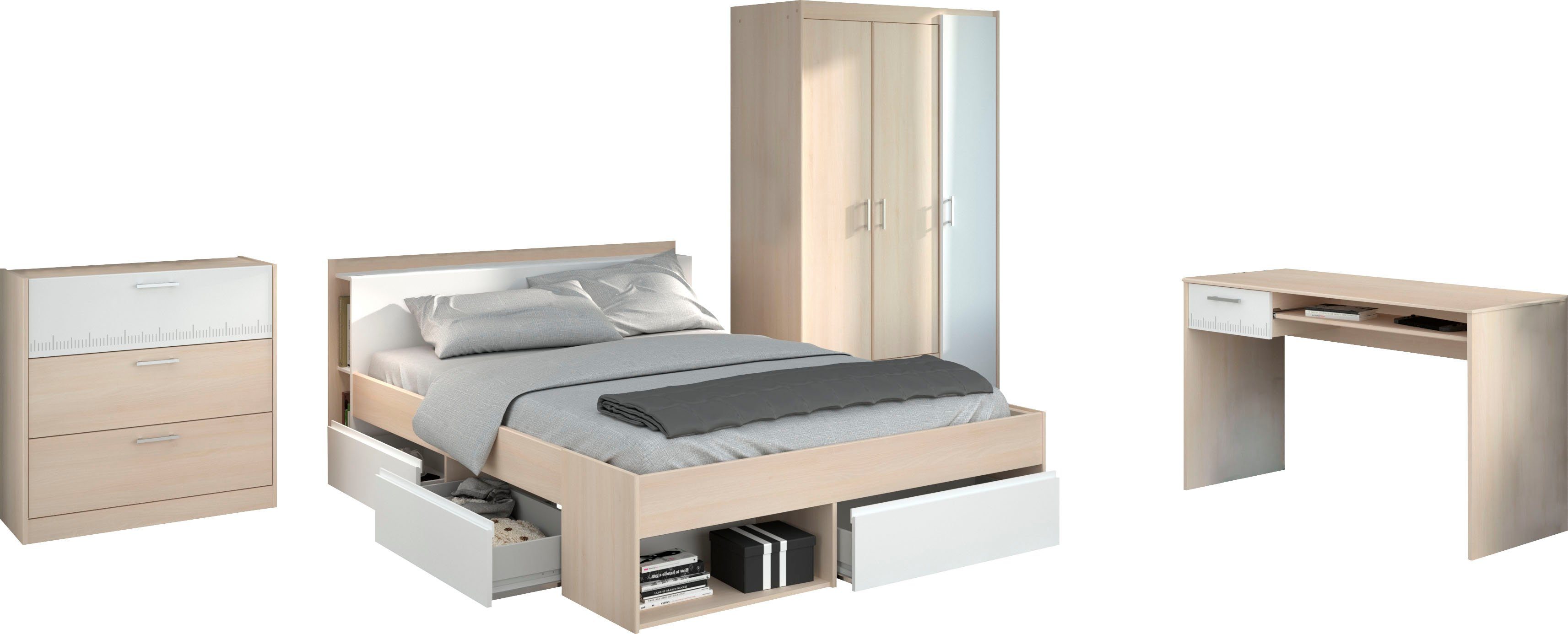 Parisot Jugendzimmer-Set Most, (Set, 4-St., Bett mit Schubkästen, Kleiderschrank, Schreibtisch, Schubkastenkommode)