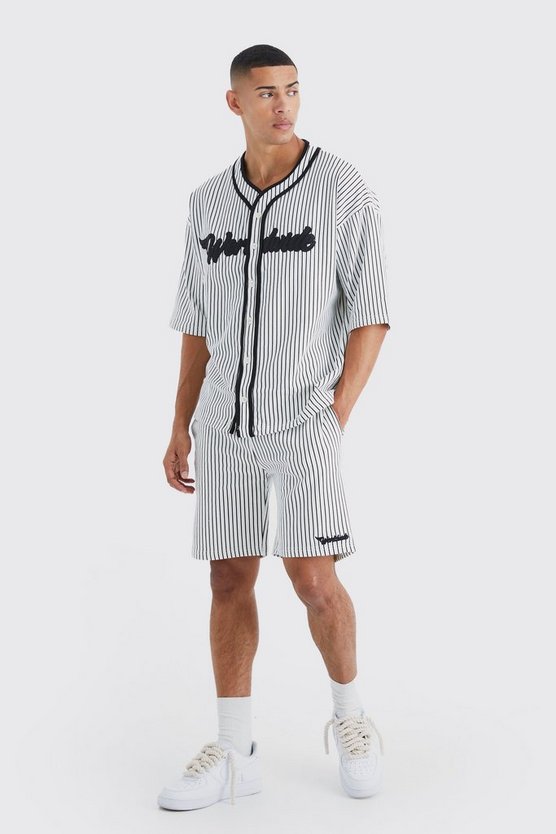 Oversize Nadelstreifen Baseball-Shorts-Set