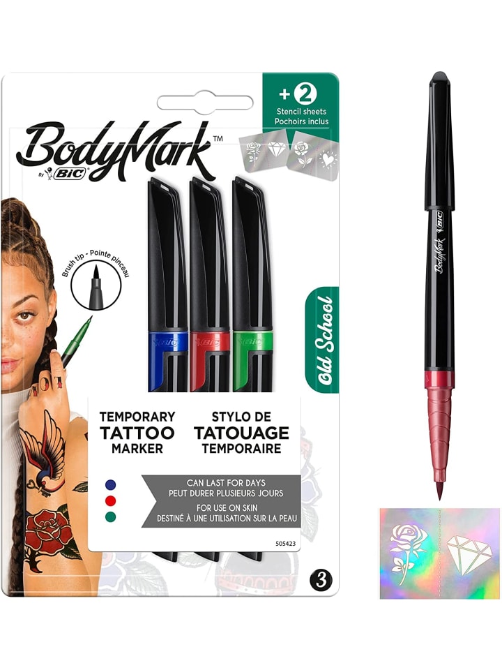 Bic BodyMark by | Temporäre Tattoo-Stifte, 3 Farben 'Old School'   2 Schablonen günstig kaufen onesize