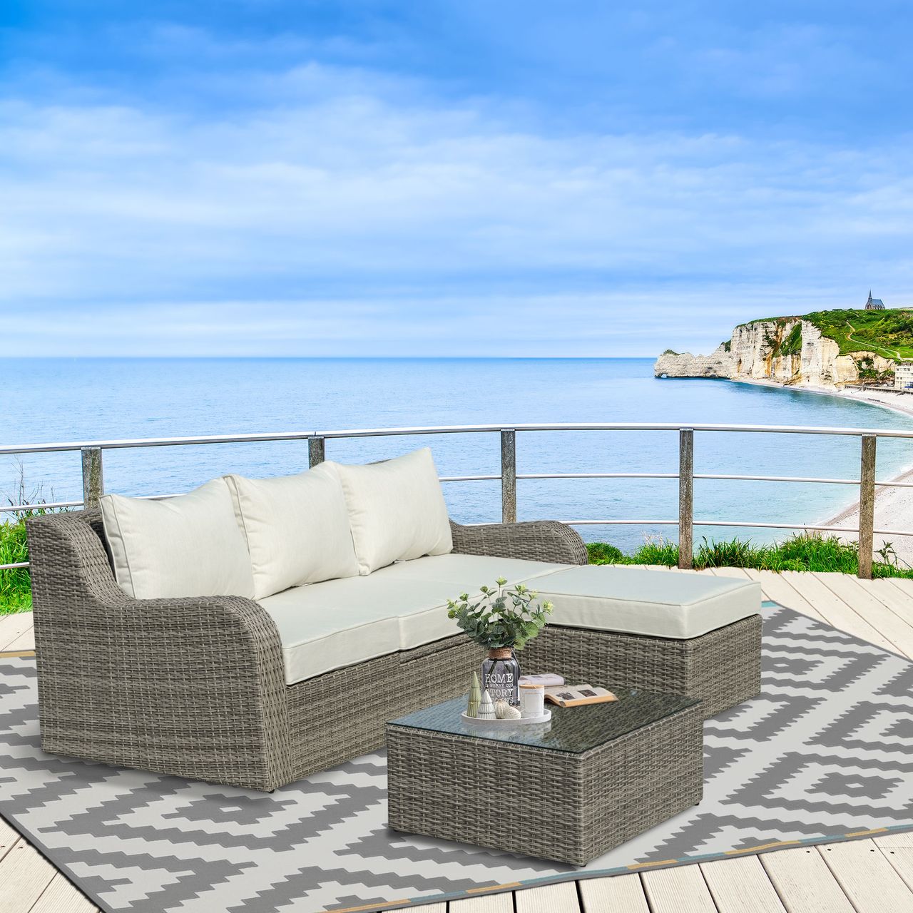 Outsunny 3-tlg. Polyrattan Gartenmöbel Set Gartengarnitur mit Tisch Aluminium